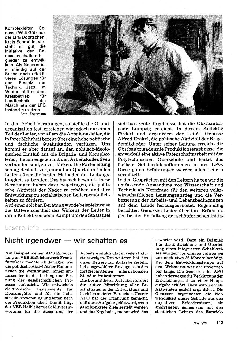 Neuer Weg (NW), Organ des Zentralkomitees (ZK) der SED (Sozialistische Einheitspartei Deutschlands) für Fragen des Parteilebens, 34. Jahrgang [Deutsche Demokratische Republik (DDR)] 1979, Seite 113 (NW ZK SED DDR 1979, S. 113)