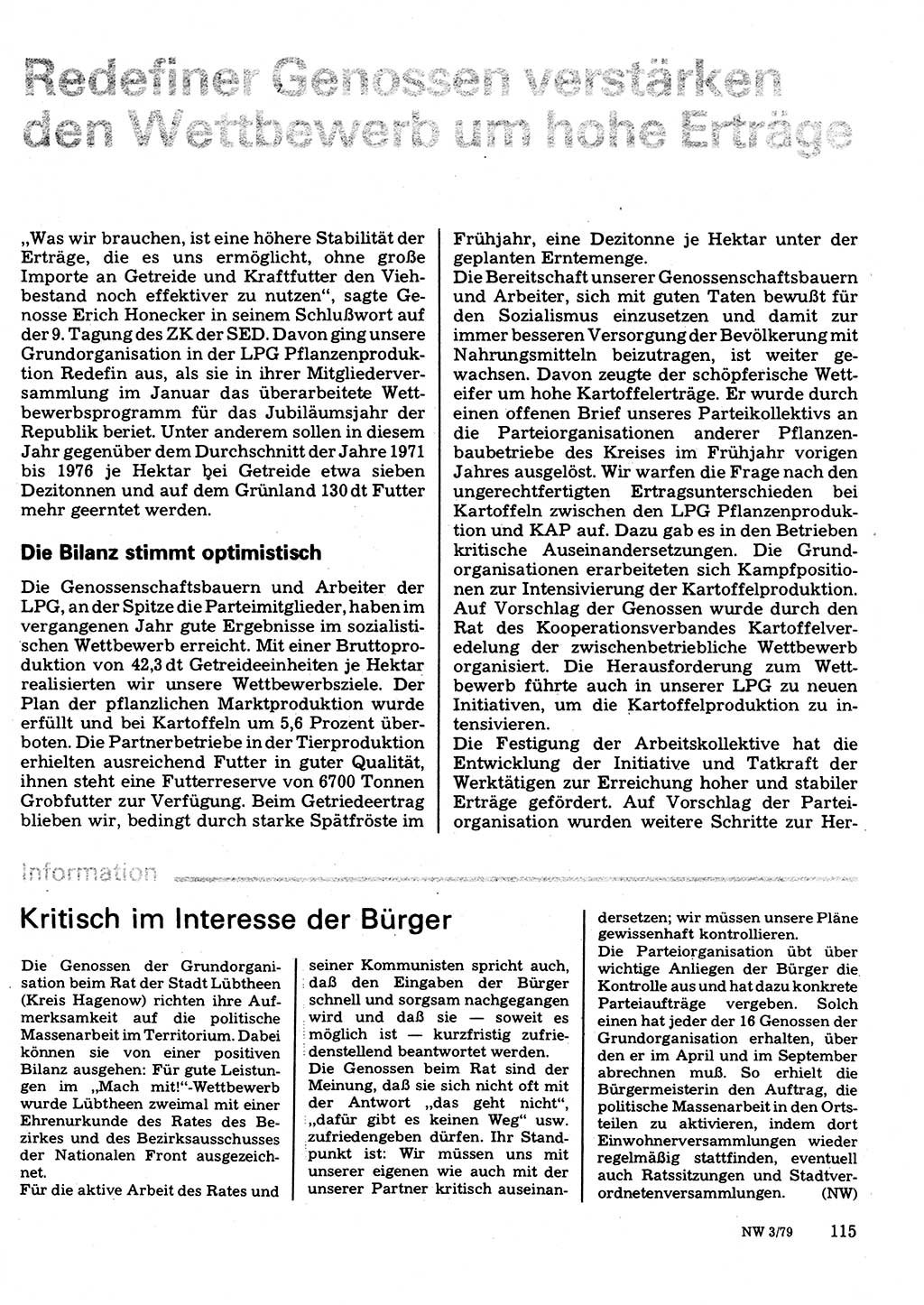 Neuer Weg (NW), Organ des Zentralkomitees (ZK) der SED (Sozialistische Einheitspartei Deutschlands) für Fragen des Parteilebens, 34. Jahrgang [Deutsche Demokratische Republik (DDR)] 1979, Seite 115 (NW ZK SED DDR 1979, S. 115)