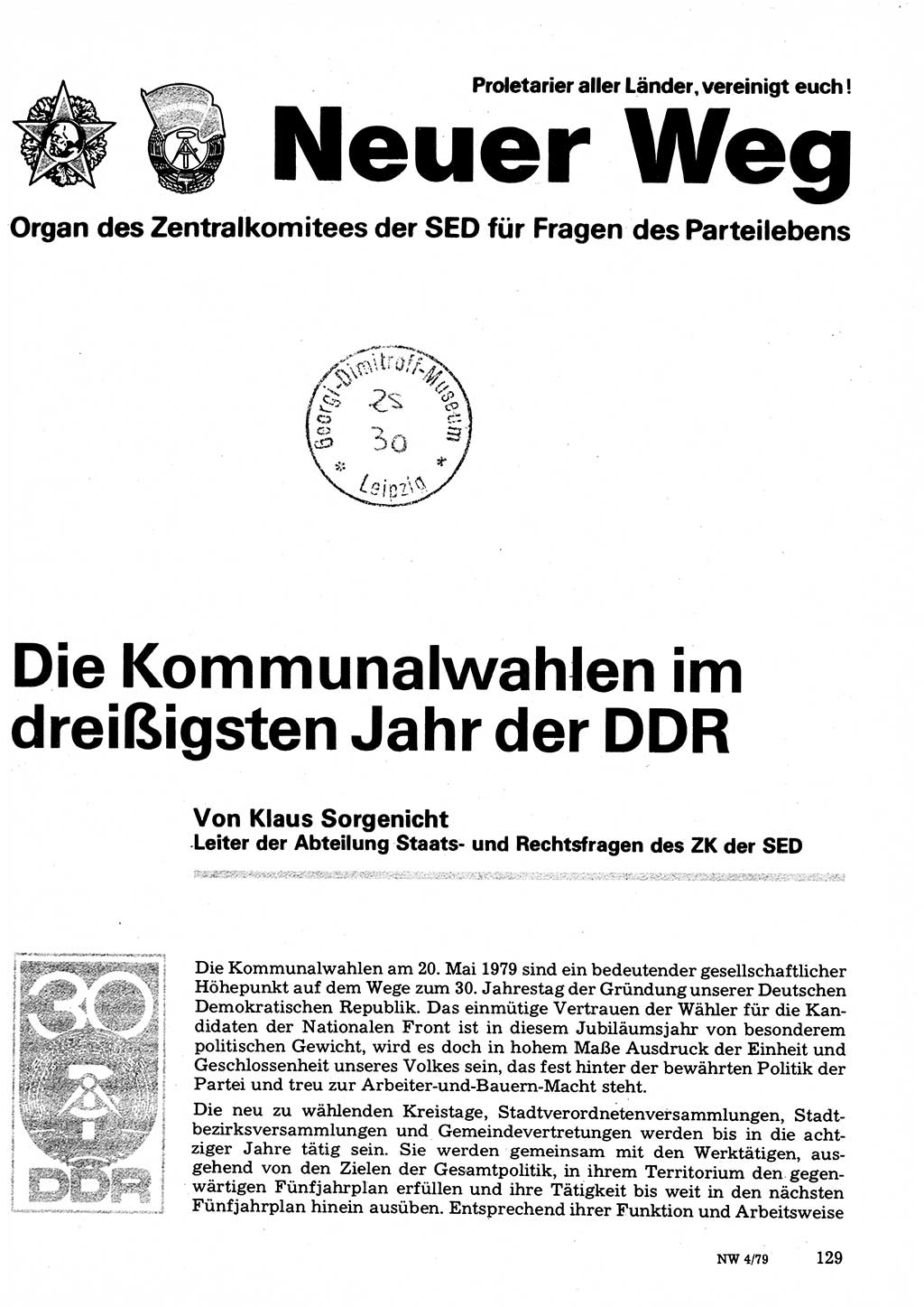 Neuer Weg (NW), Organ des Zentralkomitees (ZK) der SED (Sozialistische Einheitspartei Deutschlands) für Fragen des Parteilebens, 34. Jahrgang [Deutsche Demokratische Republik (DDR)] 1979, Seite 129 (NW ZK SED DDR 1979, S. 129)