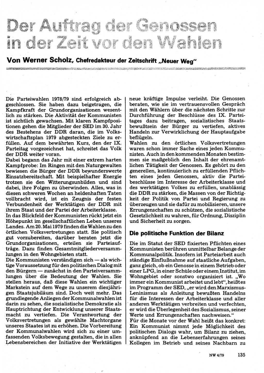 Neuer Weg (NW), Organ des Zentralkomitees (ZK) der SED (Sozialistische Einheitspartei Deutschlands) für Fragen des Parteilebens, 34. Jahrgang [Deutsche Demokratische Republik (DDR)] 1979, Seite 135 (NW ZK SED DDR 1979, S. 135)
