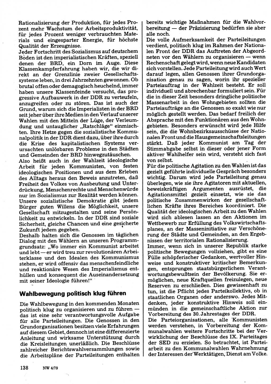 Neuer Weg (NW), Organ des Zentralkomitees (ZK) der SED (Sozialistische Einheitspartei Deutschlands) für Fragen des Parteilebens, 34. Jahrgang [Deutsche Demokratische Republik (DDR)] 1979, Seite 138 (NW ZK SED DDR 1979, S. 138)