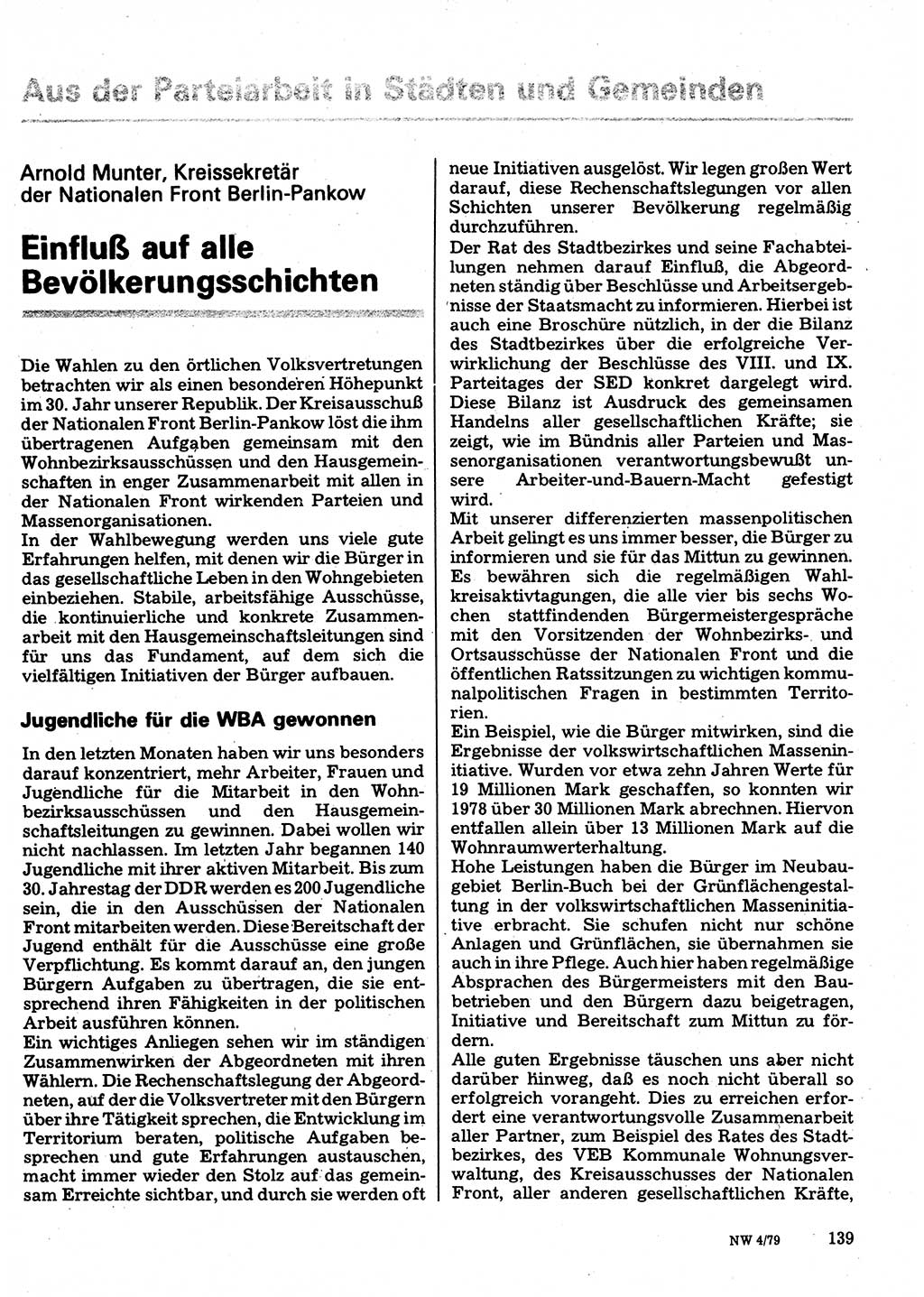 Neuer Weg (NW), Organ des Zentralkomitees (ZK) der SED (Sozialistische Einheitspartei Deutschlands) für Fragen des Parteilebens, 34. Jahrgang [Deutsche Demokratische Republik (DDR)] 1979, Seite 139 (NW ZK SED DDR 1979, S. 139)