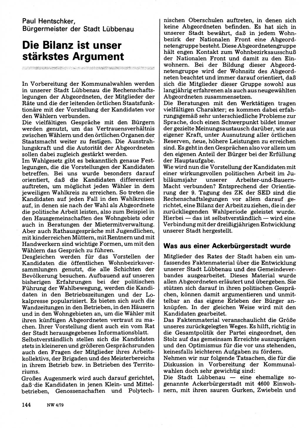 Neuer Weg (NW), Organ des Zentralkomitees (ZK) der SED (Sozialistische Einheitspartei Deutschlands) für Fragen des Parteilebens, 34. Jahrgang [Deutsche Demokratische Republik (DDR)] 1979, Seite 144 (NW ZK SED DDR 1979, S. 144)