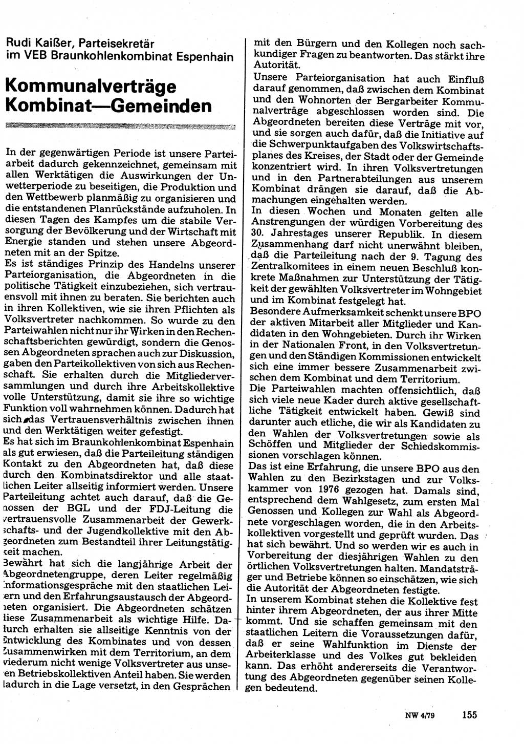 Neuer Weg (NW), Organ des Zentralkomitees (ZK) der SED (Sozialistische Einheitspartei Deutschlands) für Fragen des Parteilebens, 34. Jahrgang [Deutsche Demokratische Republik (DDR)] 1979, Seite 155 (NW ZK SED DDR 1979, S. 155)