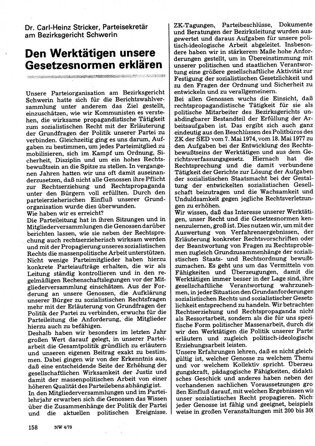 Neuer Weg (NW), Organ des Zentralkomitees (ZK) der SED (Sozialistische Einheitspartei Deutschlands) für Fragen des Parteilebens, 34. Jahrgang [Deutsche Demokratische Republik (DDR)] 1979, Seite 158 (NW ZK SED DDR 1979, S. 158)