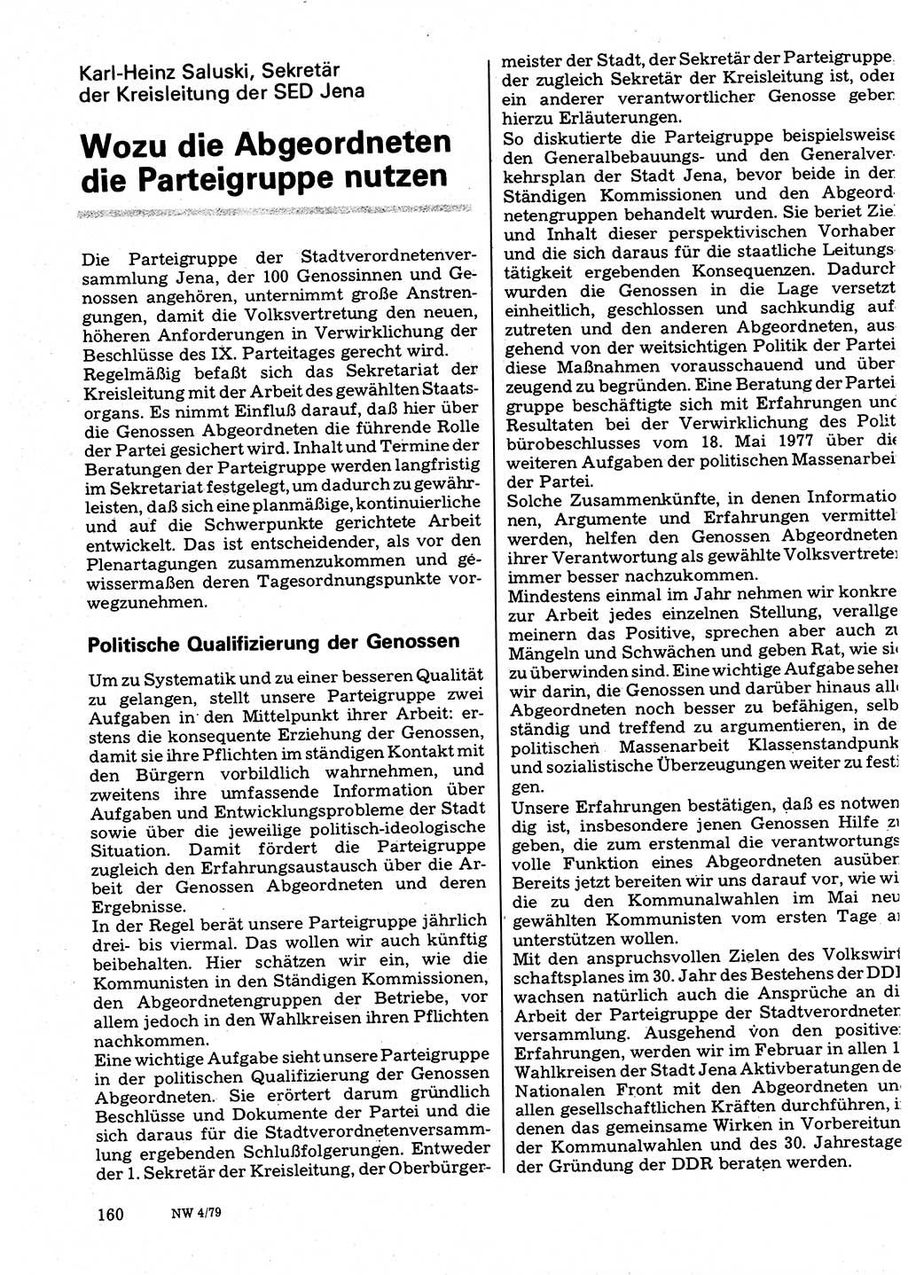 Neuer Weg (NW), Organ des Zentralkomitees (ZK) der SED (Sozialistische Einheitspartei Deutschlands) für Fragen des Parteilebens, 34. Jahrgang [Deutsche Demokratische Republik (DDR)] 1979, Seite 160 (NW ZK SED DDR 1979, S. 160)