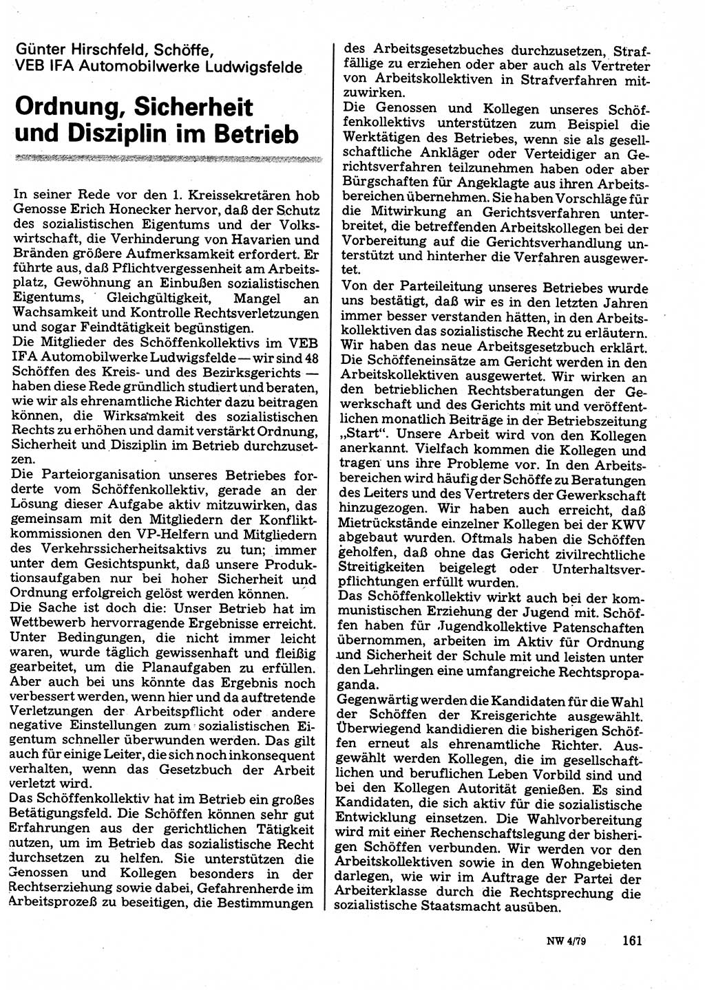 Neuer Weg (NW), Organ des Zentralkomitees (ZK) der SED (Sozialistische Einheitspartei Deutschlands) für Fragen des Parteilebens, 34. Jahrgang [Deutsche Demokratische Republik (DDR)] 1979, Seite 161 (NW ZK SED DDR 1979, S. 161)