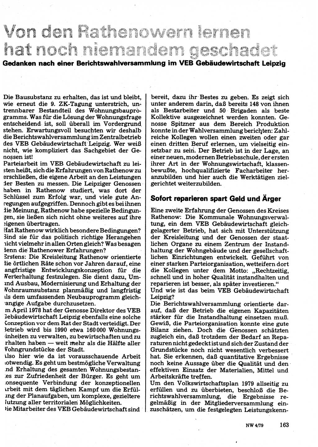 Neuer Weg (NW), Organ des Zentralkomitees (ZK) der SED (Sozialistische Einheitspartei Deutschlands) für Fragen des Parteilebens, 34. Jahrgang [Deutsche Demokratische Republik (DDR)] 1979, Seite 163 (NW ZK SED DDR 1979, S. 163)