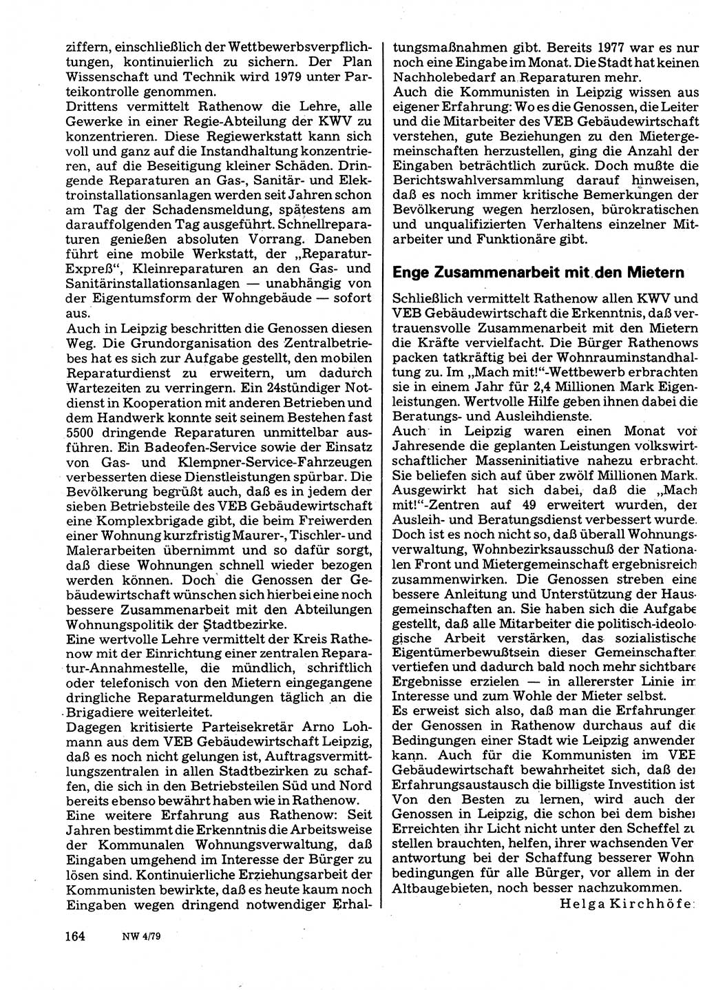 Neuer Weg (NW), Organ des Zentralkomitees (ZK) der SED (Sozialistische Einheitspartei Deutschlands) für Fragen des Parteilebens, 34. Jahrgang [Deutsche Demokratische Republik (DDR)] 1979, Seite 164 (NW ZK SED DDR 1979, S. 164)