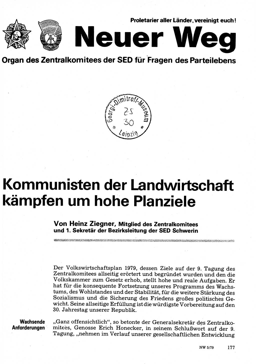 Neuer Weg (NW), Organ des Zentralkomitees (ZK) der SED (Sozialistische Einheitspartei Deutschlands) für Fragen des Parteilebens, 34. Jahrgang [Deutsche Demokratische Republik (DDR)] 1979, Seite 177 (NW ZK SED DDR 1979, S. 177)