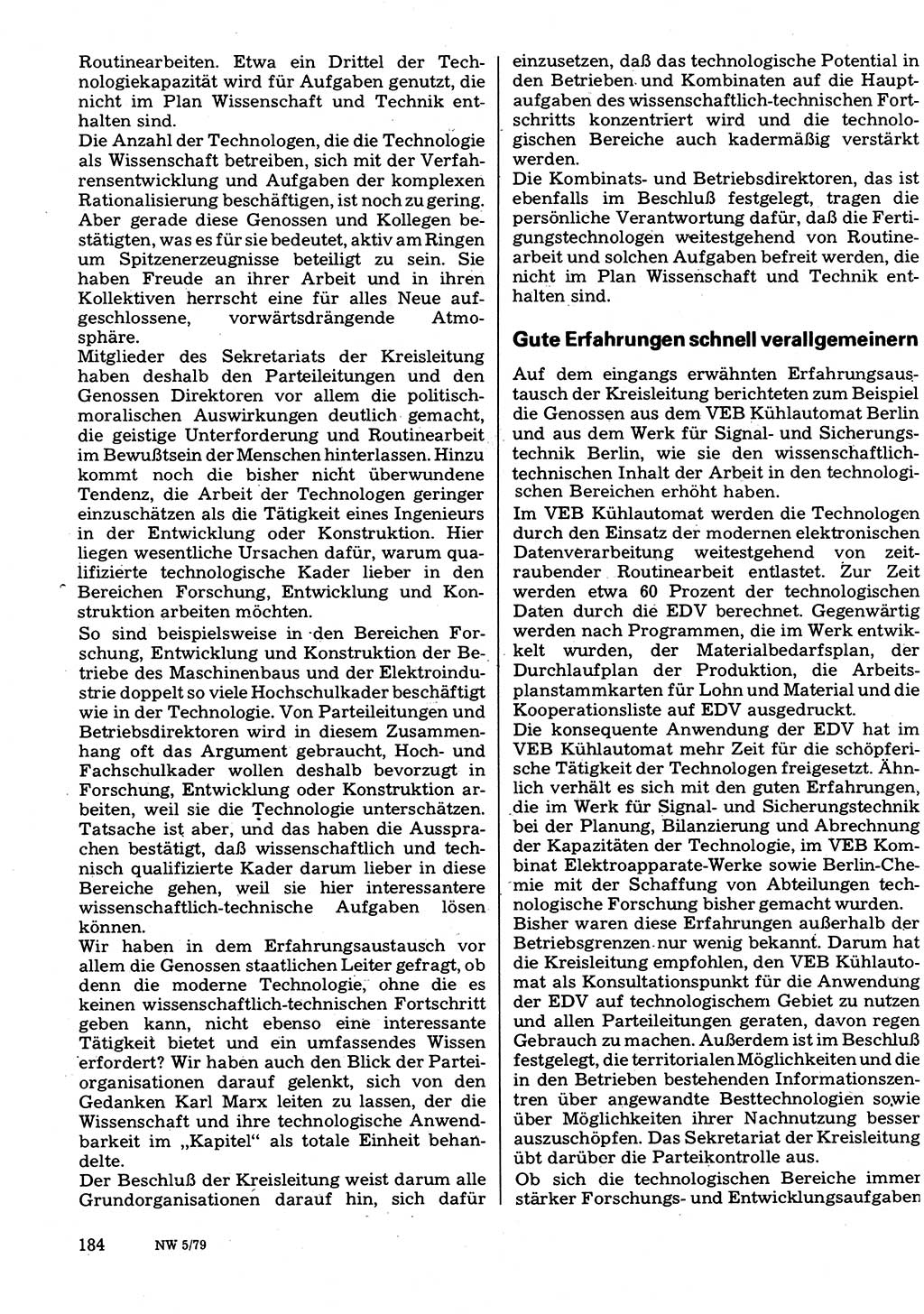 Neuer Weg (NW), Organ des Zentralkomitees (ZK) der SED (Sozialistische Einheitspartei Deutschlands) für Fragen des Parteilebens, 34. Jahrgang [Deutsche Demokratische Republik (DDR)] 1979, Seite 184 (NW ZK SED DDR 1979, S. 184)