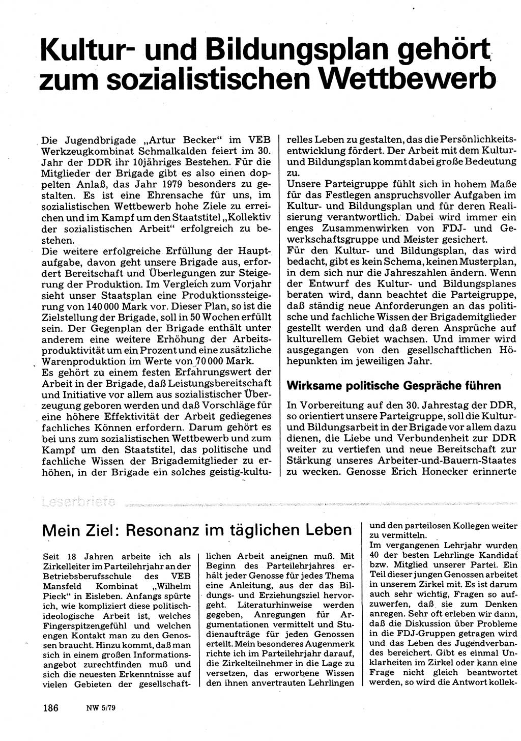 Neuer Weg (NW), Organ des Zentralkomitees (ZK) der SED (Sozialistische Einheitspartei Deutschlands) für Fragen des Parteilebens, 34. Jahrgang [Deutsche Demokratische Republik (DDR)] 1979, Seite 186 (NW ZK SED DDR 1979, S. 186)