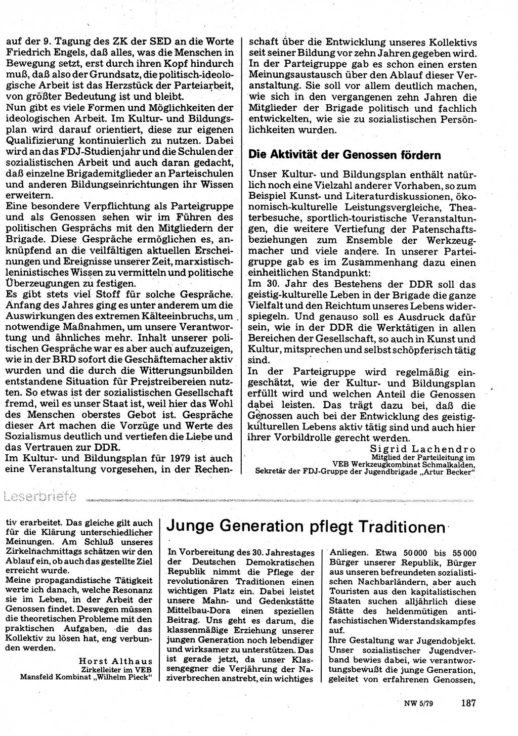 Neuer Weg (NW), Organ des Zentralkomitees (ZK) der SED (Sozialistische Einheitspartei Deutschlands) für Fragen des Parteilebens, 34. Jahrgang [Deutsche Demokratische Republik (DDR)] 1979, Seite 187 (NW ZK SED DDR 1979, S. 187)