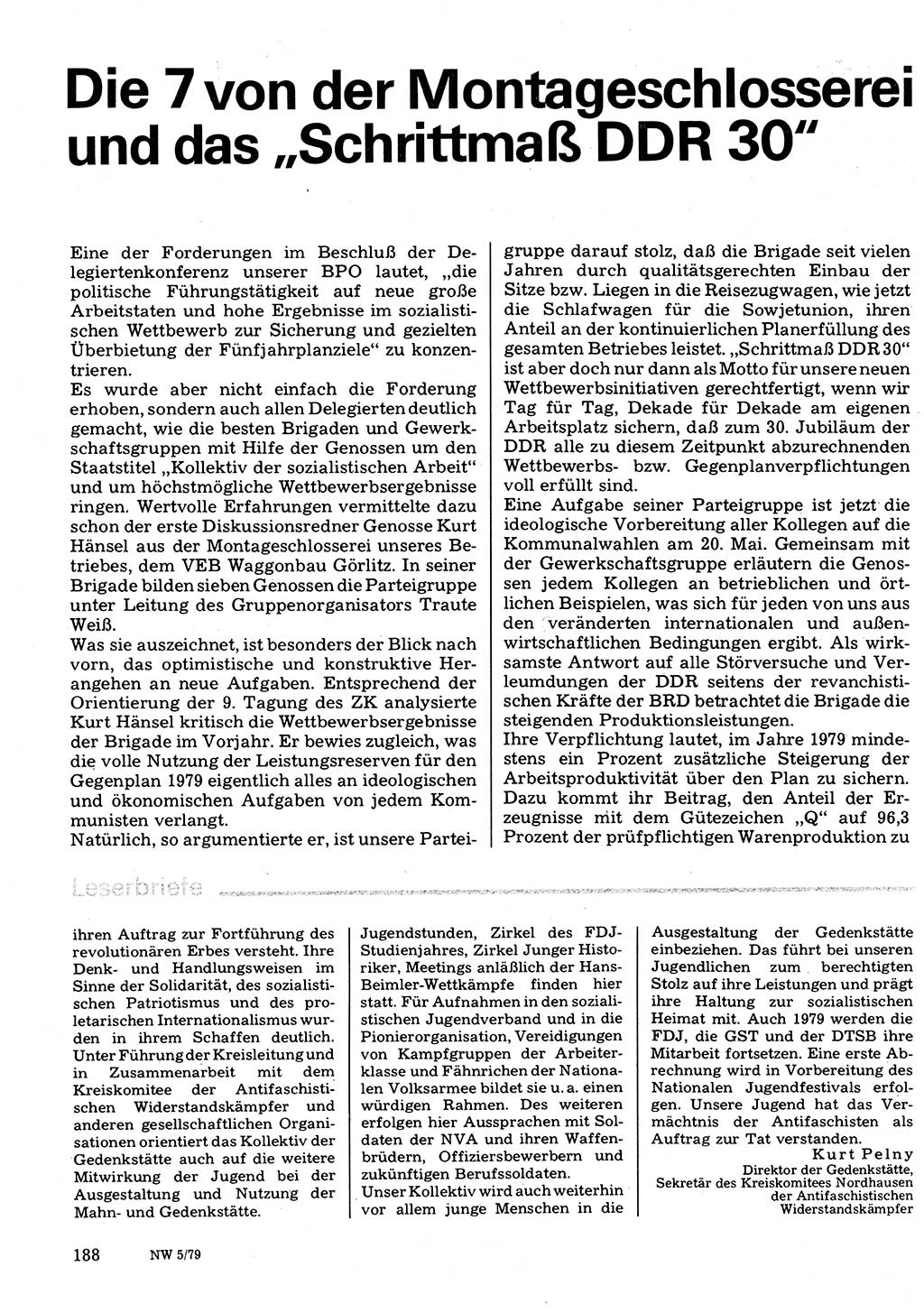 Neuer Weg (NW), Organ des Zentralkomitees (ZK) der SED (Sozialistische Einheitspartei Deutschlands) für Fragen des Parteilebens, 34. Jahrgang [Deutsche Demokratische Republik (DDR)] 1979, Seite 188 (NW ZK SED DDR 1979, S. 188)
