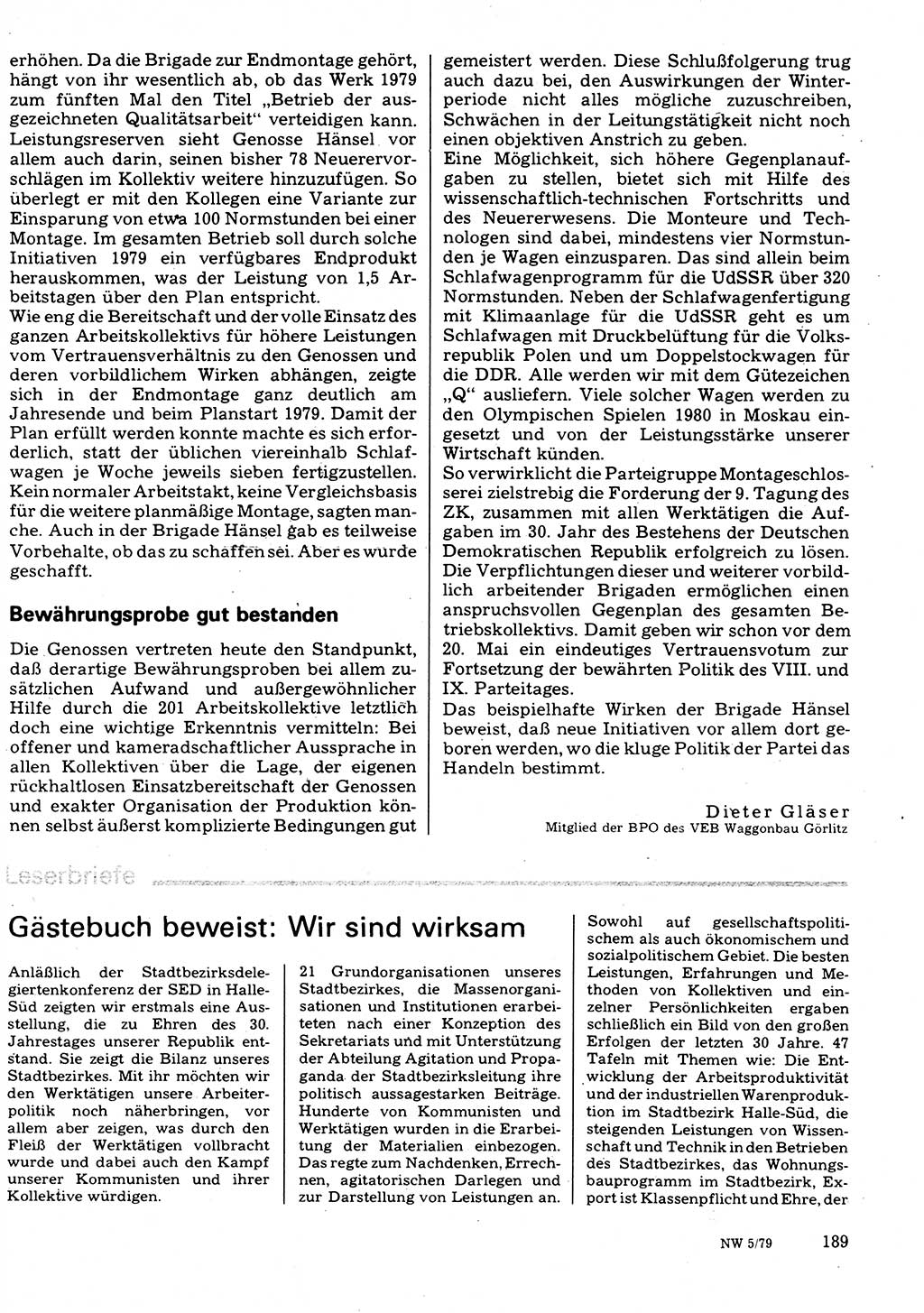 Neuer Weg (NW), Organ des Zentralkomitees (ZK) der SED (Sozialistische Einheitspartei Deutschlands) für Fragen des Parteilebens, 34. Jahrgang [Deutsche Demokratische Republik (DDR)] 1979, Seite 189 (NW ZK SED DDR 1979, S. 189)