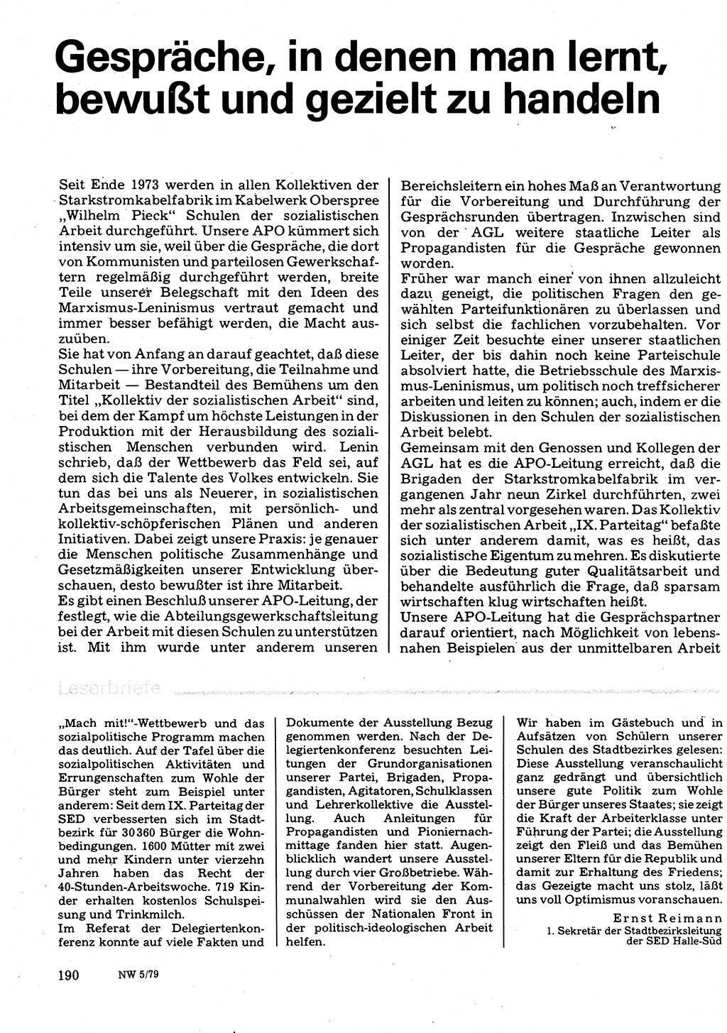 Neuer Weg (NW), Organ des Zentralkomitees (ZK) der SED (Sozialistische Einheitspartei Deutschlands) für Fragen des Parteilebens, 34. Jahrgang [Deutsche Demokratische Republik (DDR)] 1979, Seite 190 (NW ZK SED DDR 1979, S. 190)