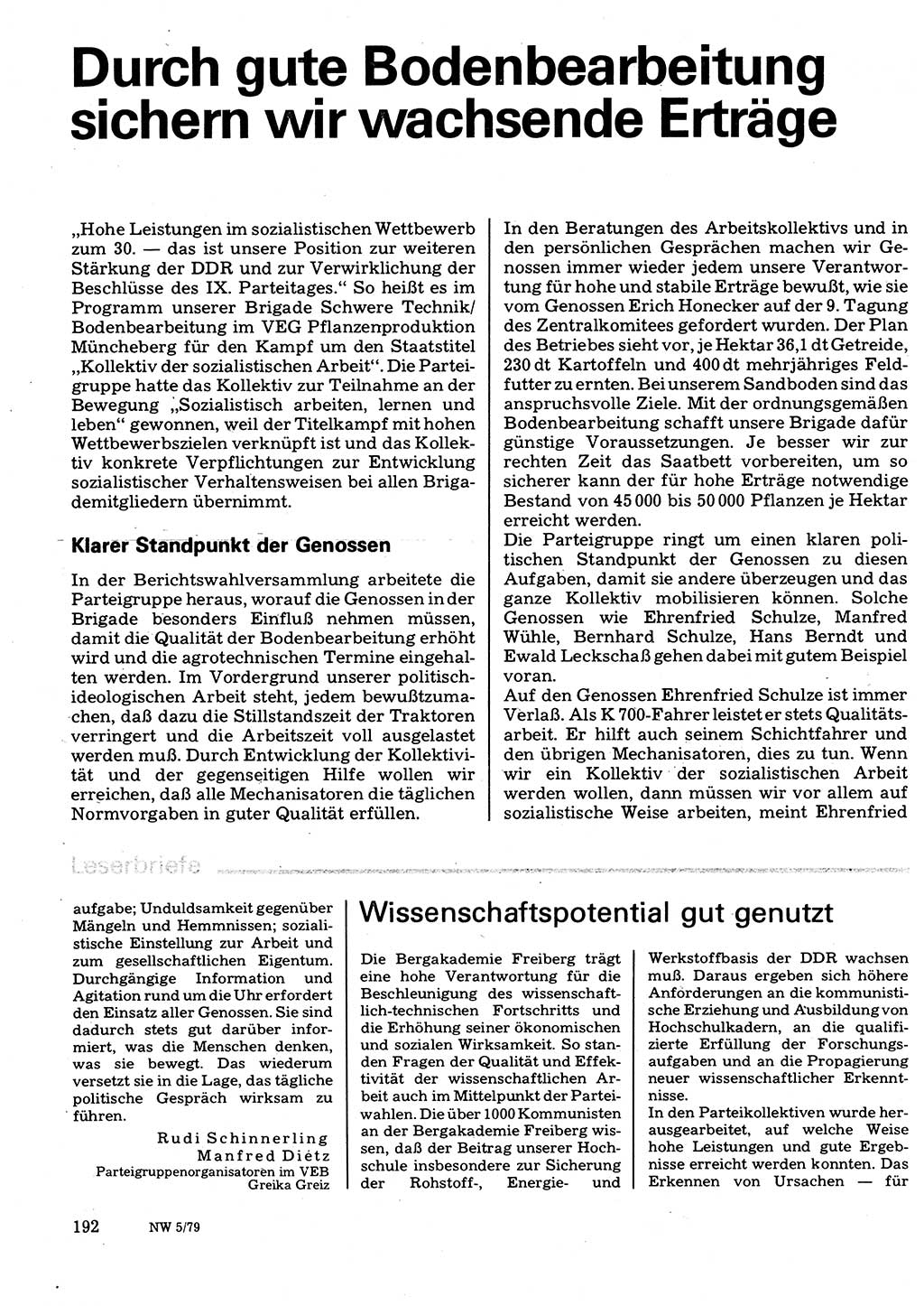 Neuer Weg (NW), Organ des Zentralkomitees (ZK) der SED (Sozialistische Einheitspartei Deutschlands) für Fragen des Parteilebens, 34. Jahrgang [Deutsche Demokratische Republik (DDR)] 1979, Seite 192 (NW ZK SED DDR 1979, S. 192)