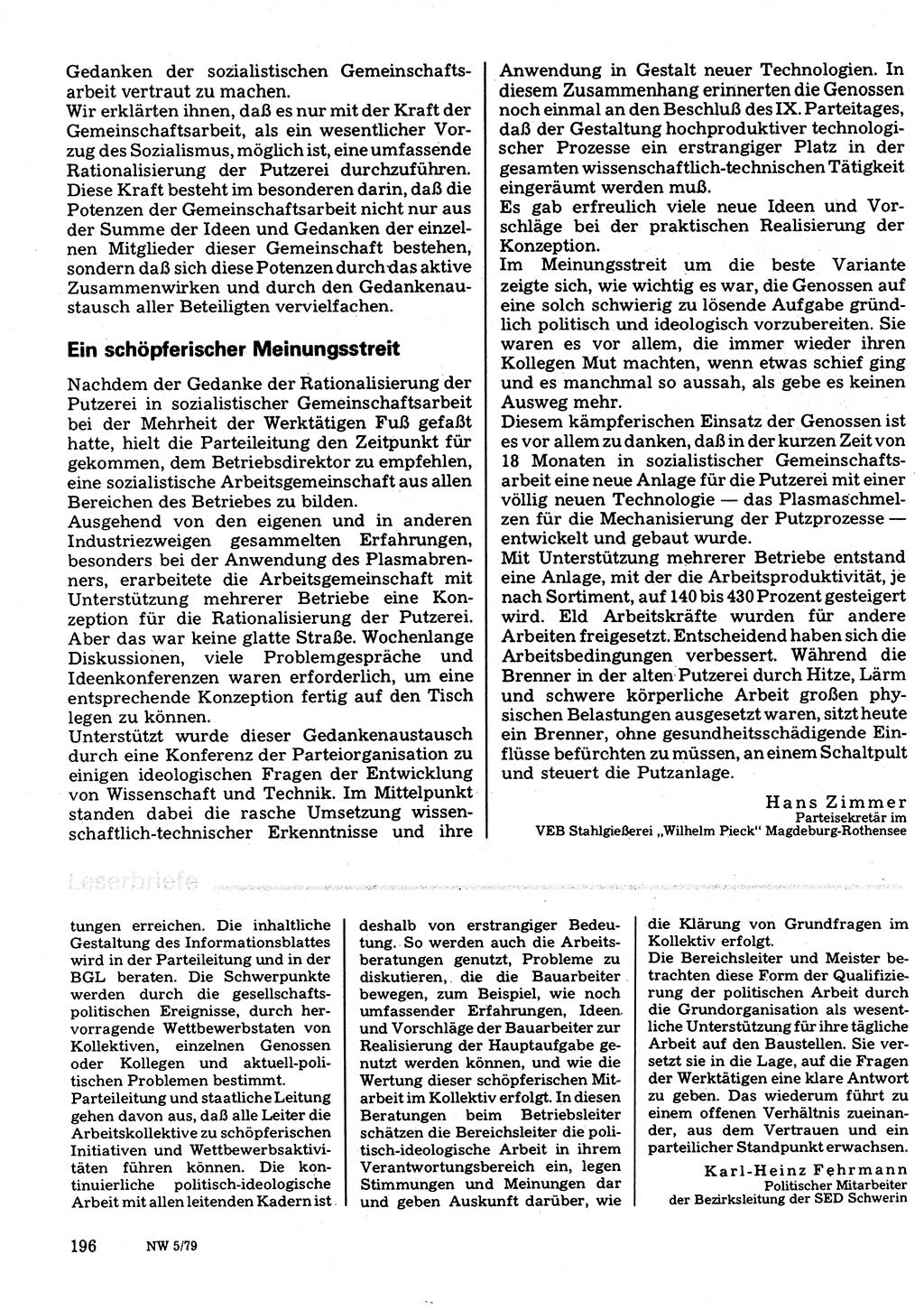 Neuer Weg (NW), Organ des Zentralkomitees (ZK) der SED (Sozialistische Einheitspartei Deutschlands) für Fragen des Parteilebens, 34. Jahrgang [Deutsche Demokratische Republik (DDR)] 1979, Seite 196 (NW ZK SED DDR 1979, S. 196)