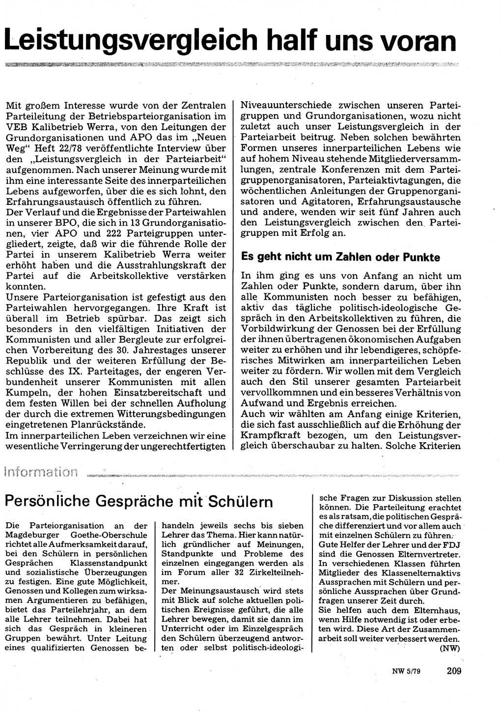 Neuer Weg (NW), Organ des Zentralkomitees (ZK) der SED (Sozialistische Einheitspartei Deutschlands) für Fragen des Parteilebens, 34. Jahrgang [Deutsche Demokratische Republik (DDR)] 1979, Seite 209 (NW ZK SED DDR 1979, S. 209)