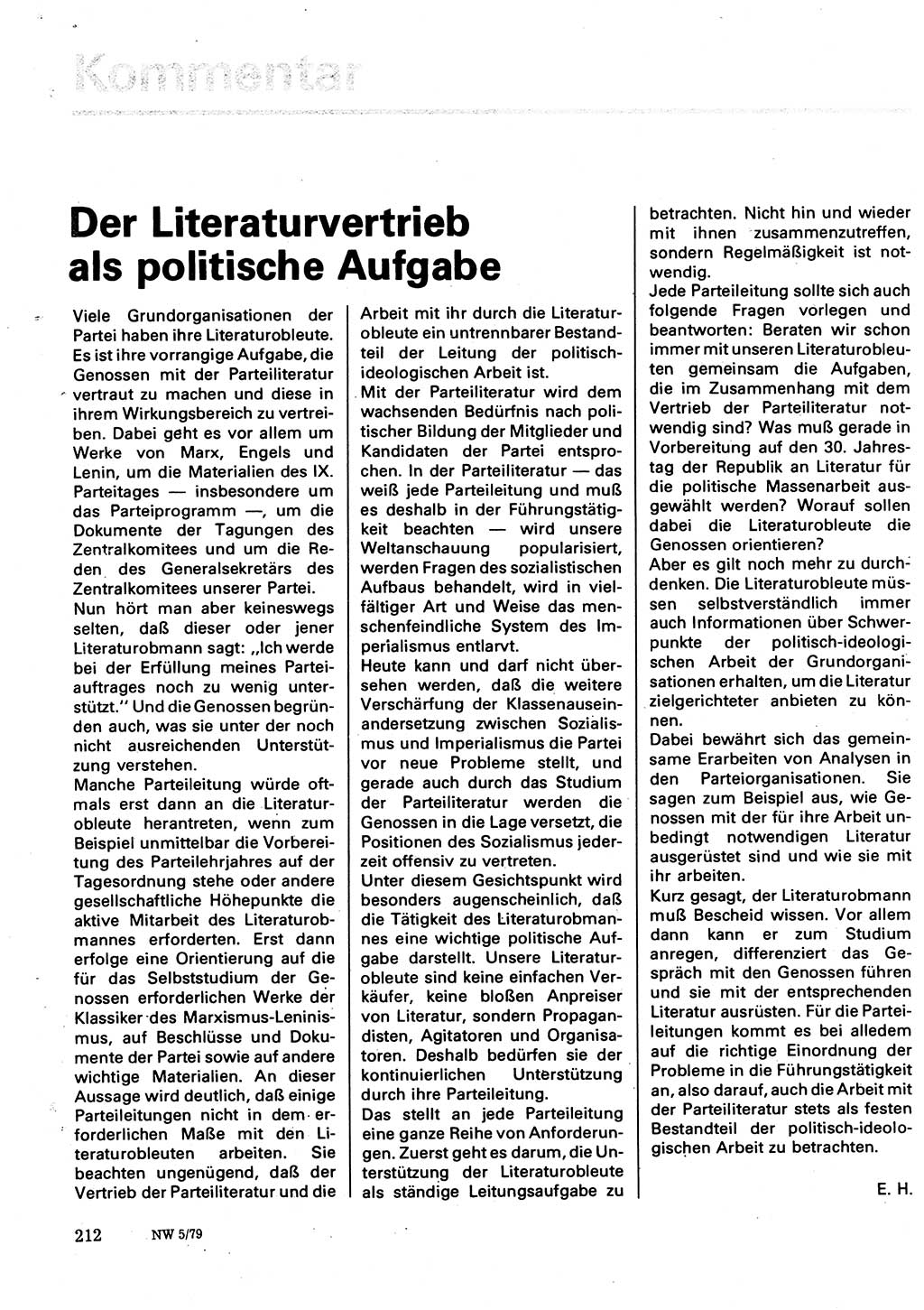 Neuer Weg (NW), Organ des Zentralkomitees (ZK) der SED (Sozialistische Einheitspartei Deutschlands) für Fragen des Parteilebens, 34. Jahrgang [Deutsche Demokratische Republik (DDR)] 1979, Seite 212 (NW ZK SED DDR 1979, S. 212)