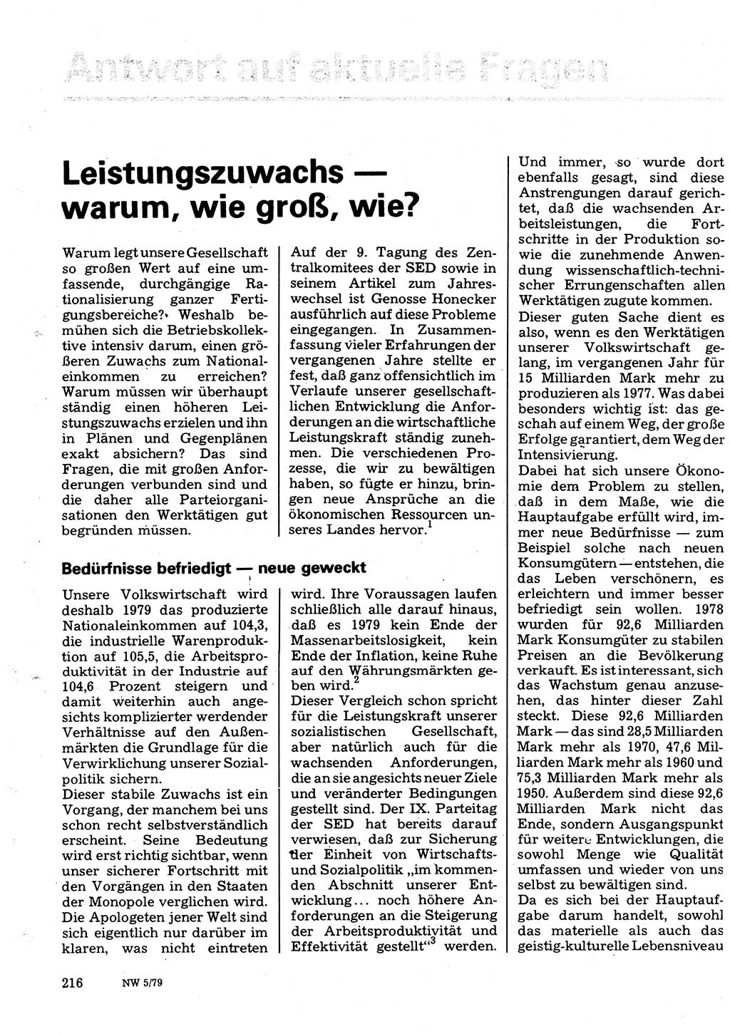 Neuer Weg (NW), Organ des Zentralkomitees (ZK) der SED (Sozialistische Einheitspartei Deutschlands) für Fragen des Parteilebens, 34. Jahrgang [Deutsche Demokratische Republik (DDR)] 1979, Seite 216 (NW ZK SED DDR 1979, S. 216)