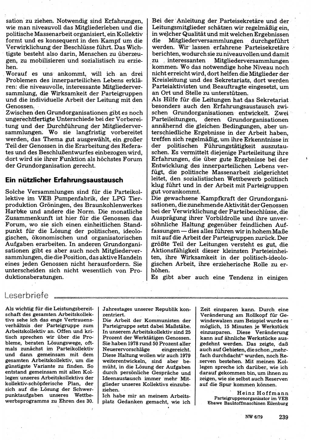 Neuer Weg (NW), Organ des Zentralkomitees (ZK) der SED (Sozialistische Einheitspartei Deutschlands) für Fragen des Parteilebens, 34. Jahrgang [Deutsche Demokratische Republik (DDR)] 1979, Seite 239 (NW ZK SED DDR 1979, S. 239)