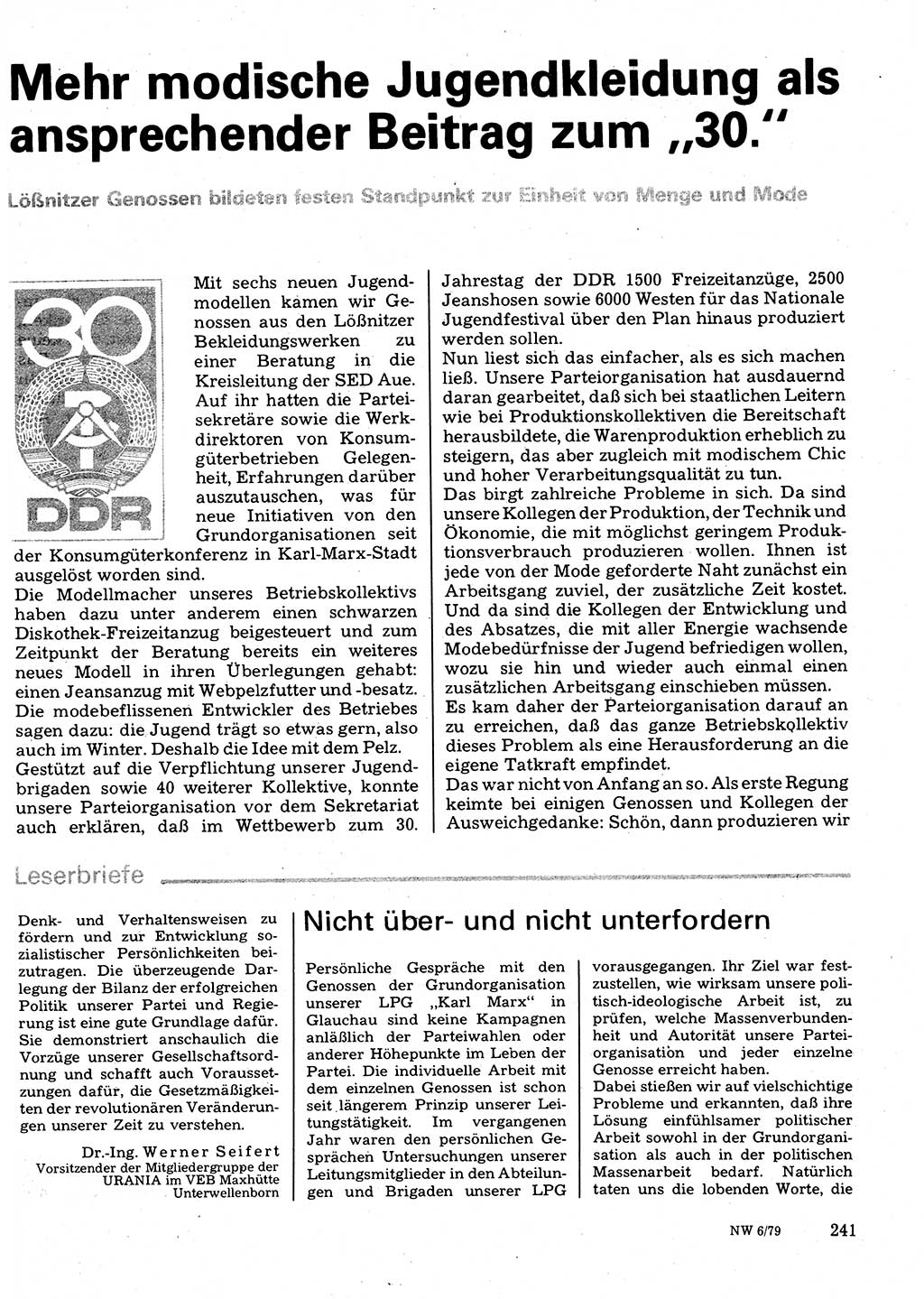 Neuer Weg (NW), Organ des Zentralkomitees (ZK) der SED (Sozialistische Einheitspartei Deutschlands) für Fragen des Parteilebens, 34. Jahrgang [Deutsche Demokratische Republik (DDR)] 1979, Seite 241 (NW ZK SED DDR 1979, S. 241)