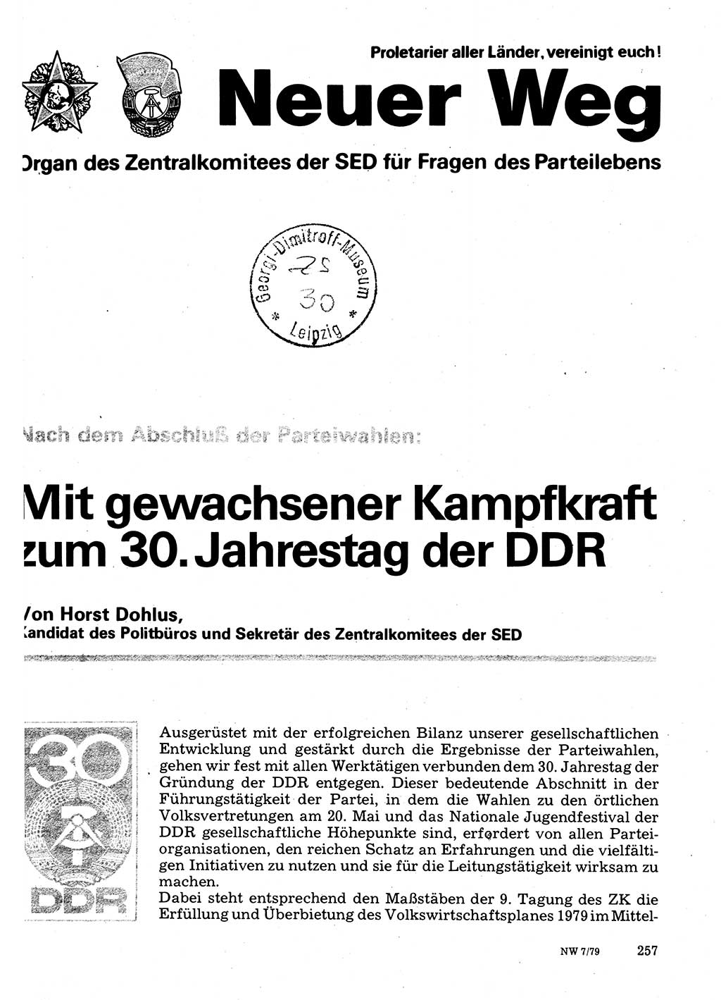 Neuer Weg (NW), Organ des Zentralkomitees (ZK) der SED (Sozialistische Einheitspartei Deutschlands) für Fragen des Parteilebens, 34. Jahrgang [Deutsche Demokratische Republik (DDR)] 1979, Seite 257 (NW ZK SED DDR 1979, S. 257)