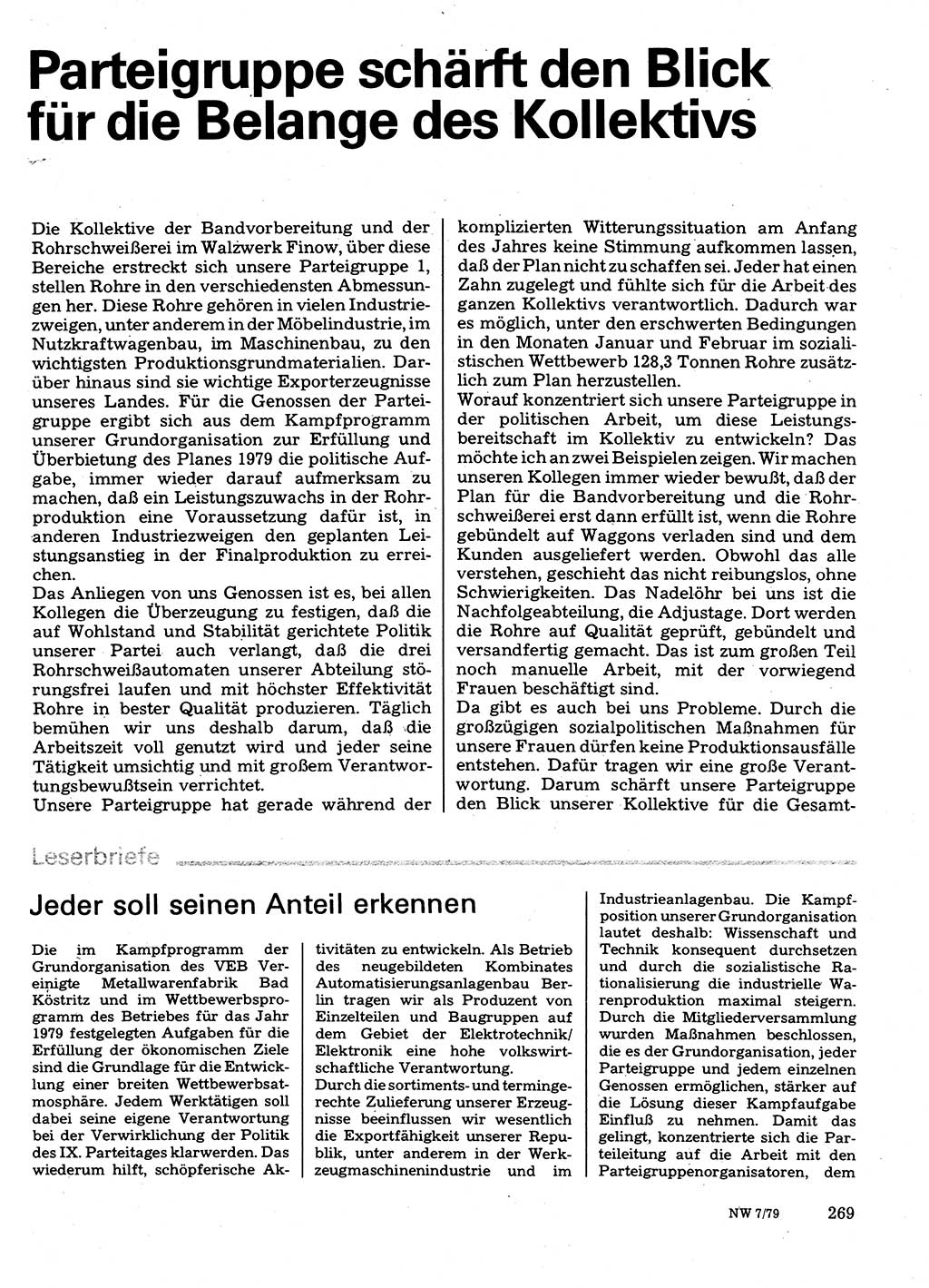 Neuer Weg (NW), Organ des Zentralkomitees (ZK) der SED (Sozialistische Einheitspartei Deutschlands) für Fragen des Parteilebens, 34. Jahrgang [Deutsche Demokratische Republik (DDR)] 1979, Seite 269 (NW ZK SED DDR 1979, S. 269)