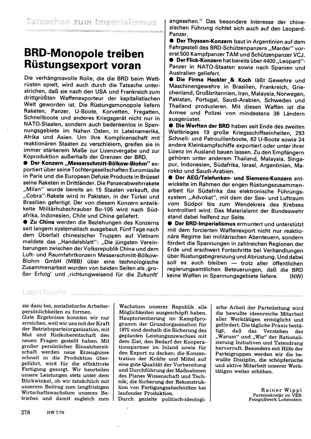 Neuer Weg (NW), Organ des Zentralkomitees (ZK) der SED (Sozialistische Einheitspartei Deutschlands) für Fragen des Parteilebens, 34. Jahrgang [Deutsche Demokratische Republik (DDR)] 1979, Seite 276 (NW ZK SED DDR 1979, S. 276)