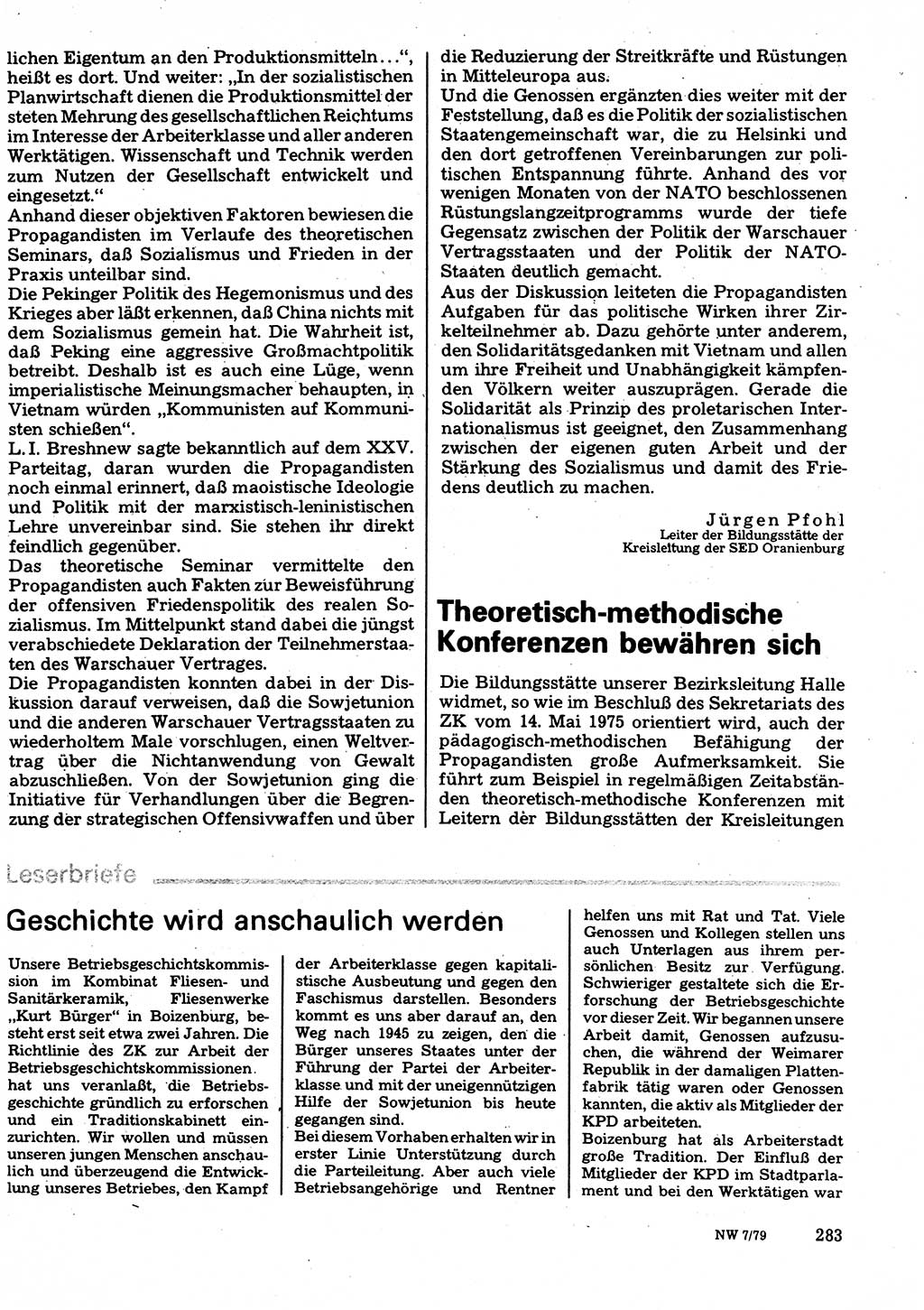 Neuer Weg (NW), Organ des Zentralkomitees (ZK) der SED (Sozialistische Einheitspartei Deutschlands) für Fragen des Parteilebens, 34. Jahrgang [Deutsche Demokratische Republik (DDR)] 1979, Seite 283 (NW ZK SED DDR 1979, S. 283)