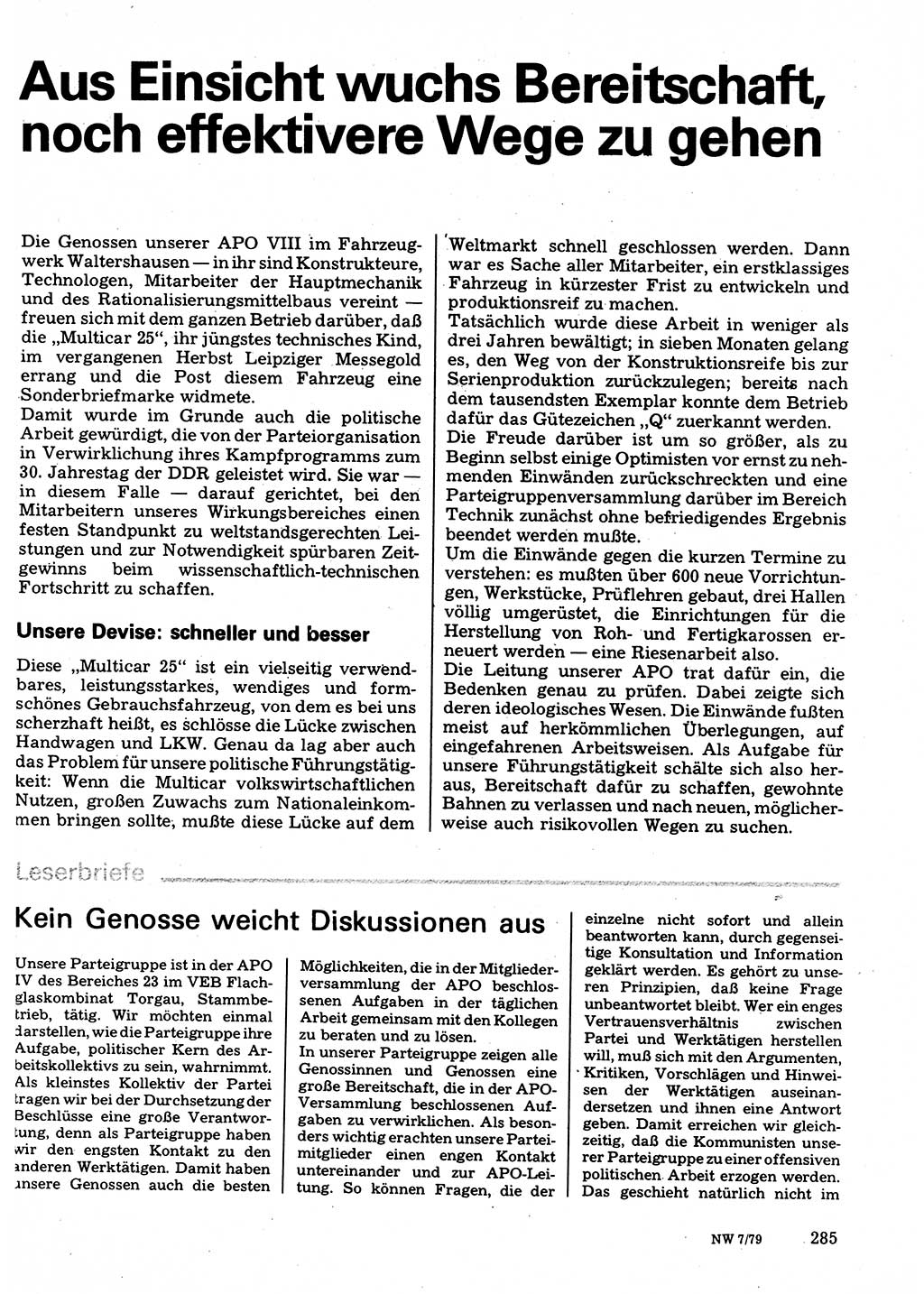 Neuer Weg (NW), Organ des Zentralkomitees (ZK) der SED (Sozialistische Einheitspartei Deutschlands) für Fragen des Parteilebens, 34. Jahrgang [Deutsche Demokratische Republik (DDR)] 1979, Seite 285 (NW ZK SED DDR 1979, S. 285)