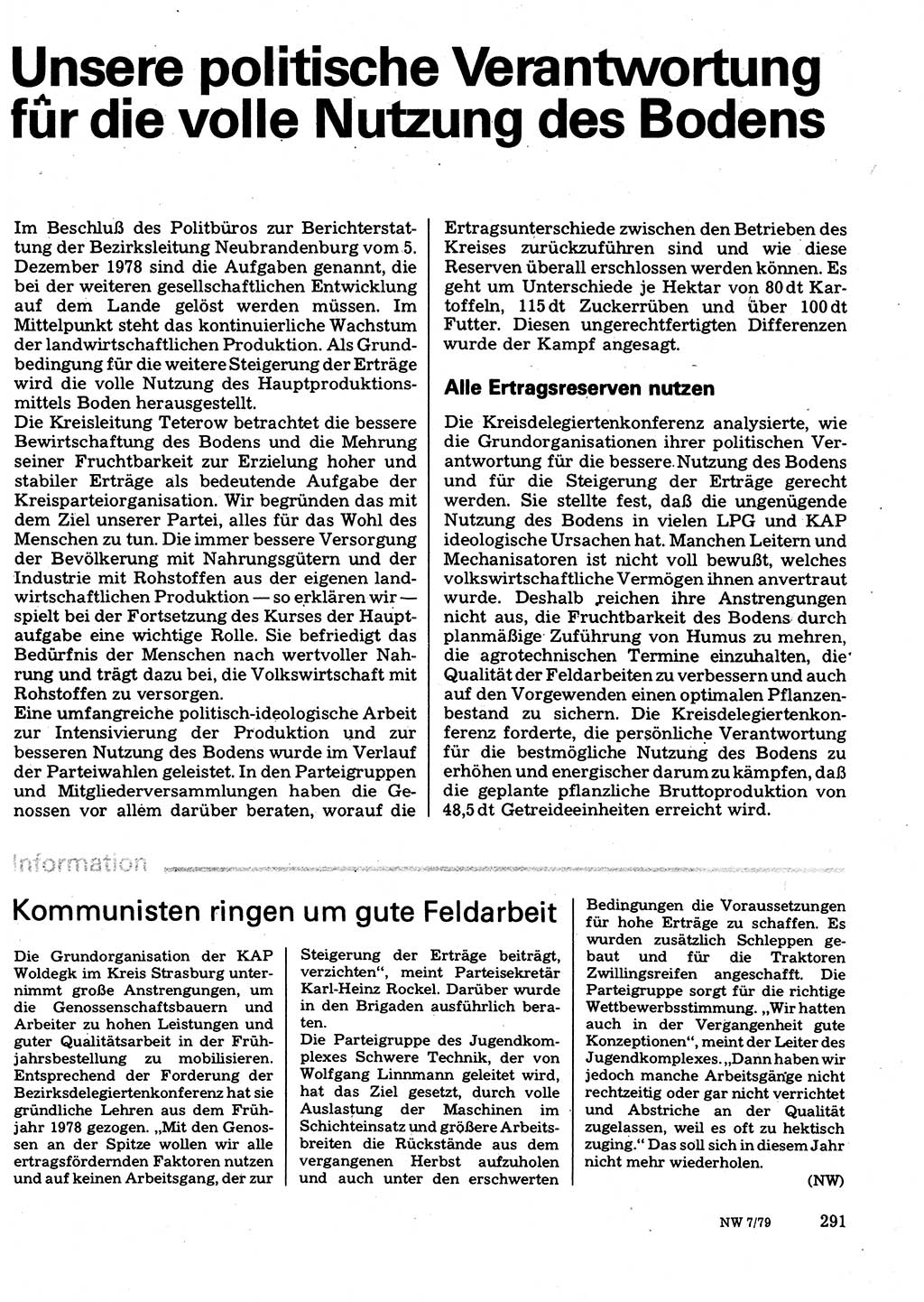 Neuer Weg (NW), Organ des Zentralkomitees (ZK) der SED (Sozialistische Einheitspartei Deutschlands) für Fragen des Parteilebens, 34. Jahrgang [Deutsche Demokratische Republik (DDR)] 1979, Seite 291 (NW ZK SED DDR 1979, S. 291)