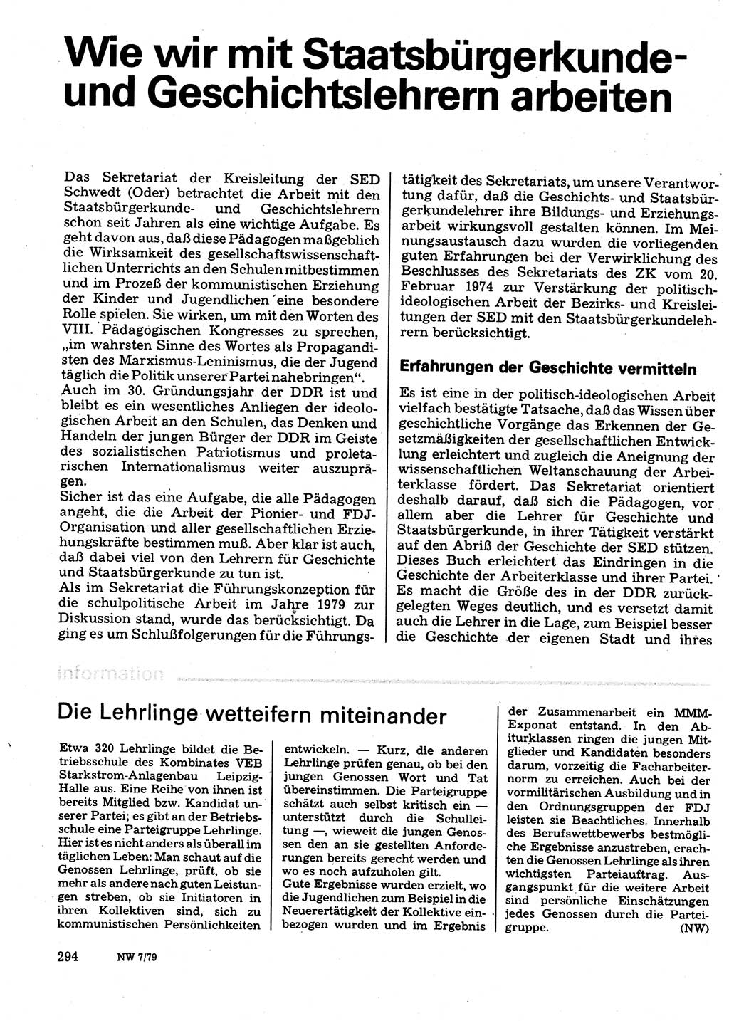 Neuer Weg (NW), Organ des Zentralkomitees (ZK) der SED (Sozialistische Einheitspartei Deutschlands) für Fragen des Parteilebens, 34. Jahrgang [Deutsche Demokratische Republik (DDR)] 1979, Seite 294 (NW ZK SED DDR 1979, S. 294)