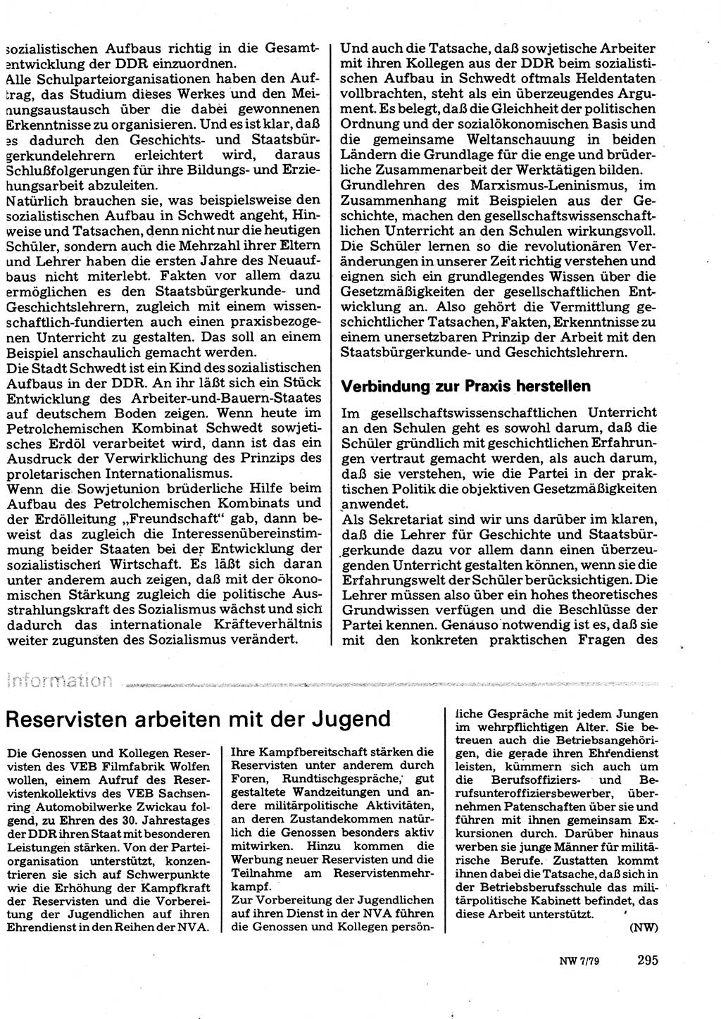 Neuer Weg (NW), Organ des Zentralkomitees (ZK) der SED (Sozialistische Einheitspartei Deutschlands) für Fragen des Parteilebens, 34. Jahrgang [Deutsche Demokratische Republik (DDR)] 1979, Seite 295 (NW ZK SED DDR 1979, S. 295)