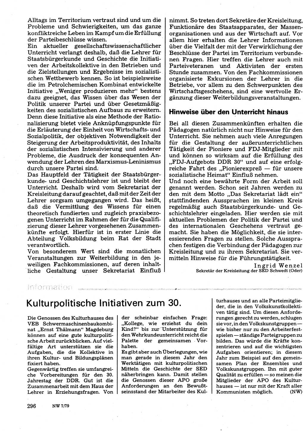 Neuer Weg (NW), Organ des Zentralkomitees (ZK) der SED (Sozialistische Einheitspartei Deutschlands) für Fragen des Parteilebens, 34. Jahrgang [Deutsche Demokratische Republik (DDR)] 1979, Seite 296 (NW ZK SED DDR 1979, S. 296)