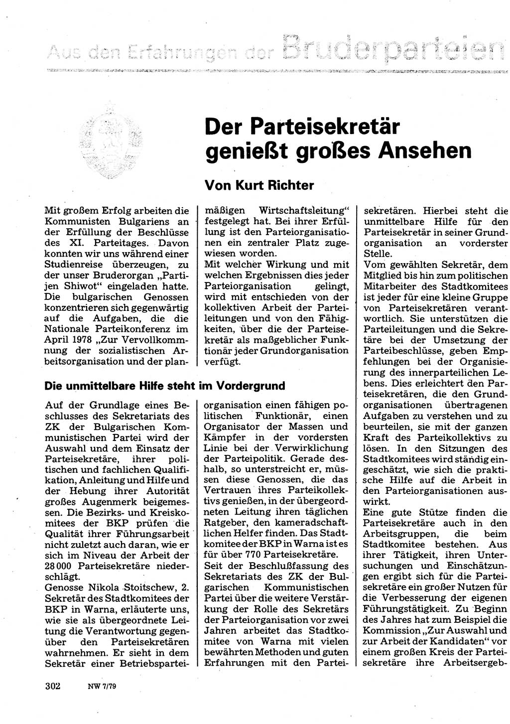 Neuer Weg (NW), Organ des Zentralkomitees (ZK) der SED (Sozialistische Einheitspartei Deutschlands) für Fragen des Parteilebens, 34. Jahrgang [Deutsche Demokratische Republik (DDR)] 1979, Seite 302 (NW ZK SED DDR 1979, S. 302)
