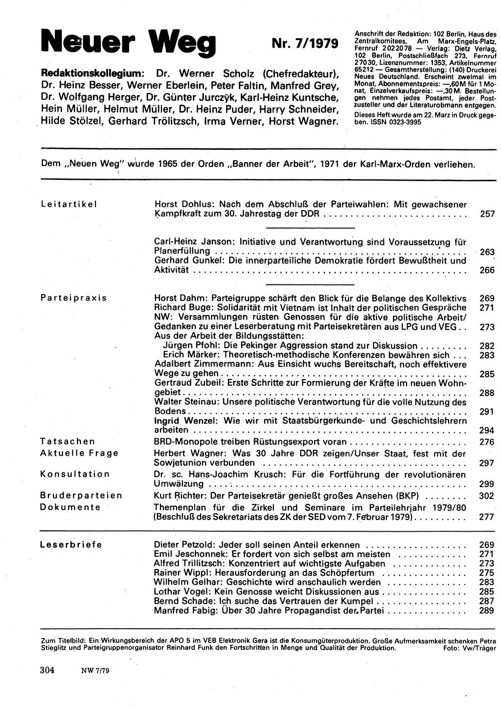 Neuer Weg (NW), Organ des Zentralkomitees (ZK) der SED (Sozialistische Einheitspartei Deutschlands) für Fragen des Parteilebens, 34. Jahrgang [Deutsche Demokratische Republik (DDR)] 1979, Seite 304 (NW ZK SED DDR 1979, S. 304)