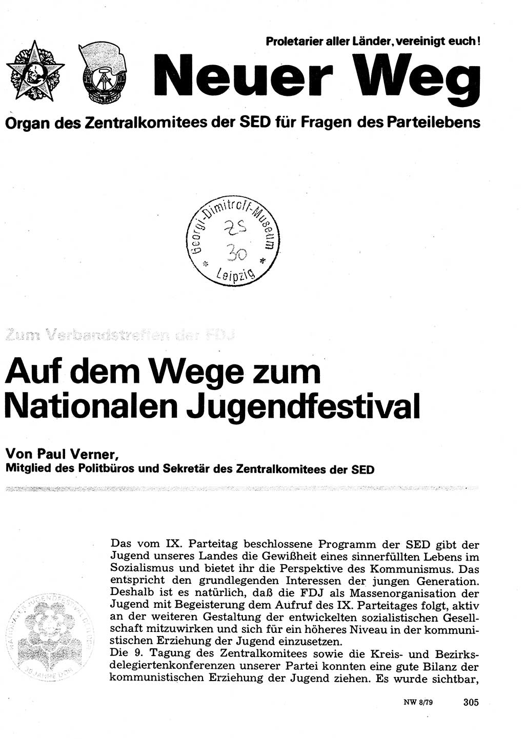 Neuer Weg (NW), Organ des Zentralkomitees (ZK) der SED (Sozialistische Einheitspartei Deutschlands) fÃ¼r Fragen des Parteilebens, 34. Jahrgang [Deutsche Demokratische Republik (DDR)] 1979, Seite 305 (NW ZK SED DDR 1979, S. 305)