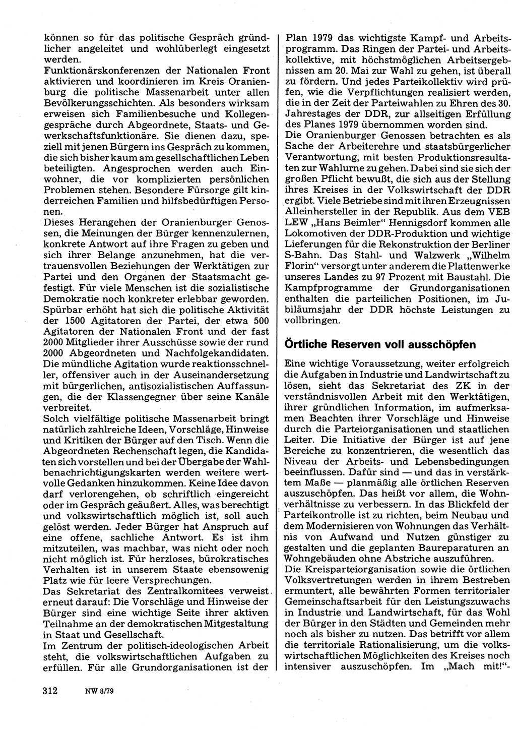 Neuer Weg (NW), Organ des Zentralkomitees (ZK) der SED (Sozialistische Einheitspartei Deutschlands) für Fragen des Parteilebens, 34. Jahrgang [Deutsche Demokratische Republik (DDR)] 1979, Seite 312 (NW ZK SED DDR 1979, S. 312)