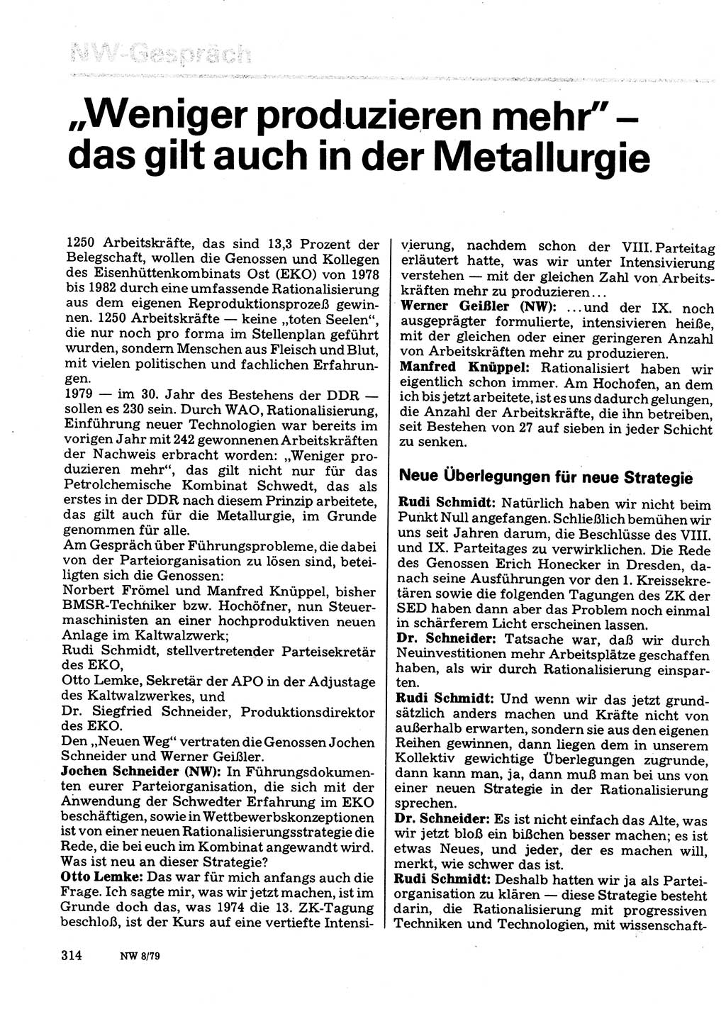 Neuer Weg (NW), Organ des Zentralkomitees (ZK) der SED (Sozialistische Einheitspartei Deutschlands) für Fragen des Parteilebens, 34. Jahrgang [Deutsche Demokratische Republik (DDR)] 1979, Seite 314 (NW ZK SED DDR 1979, S. 314)