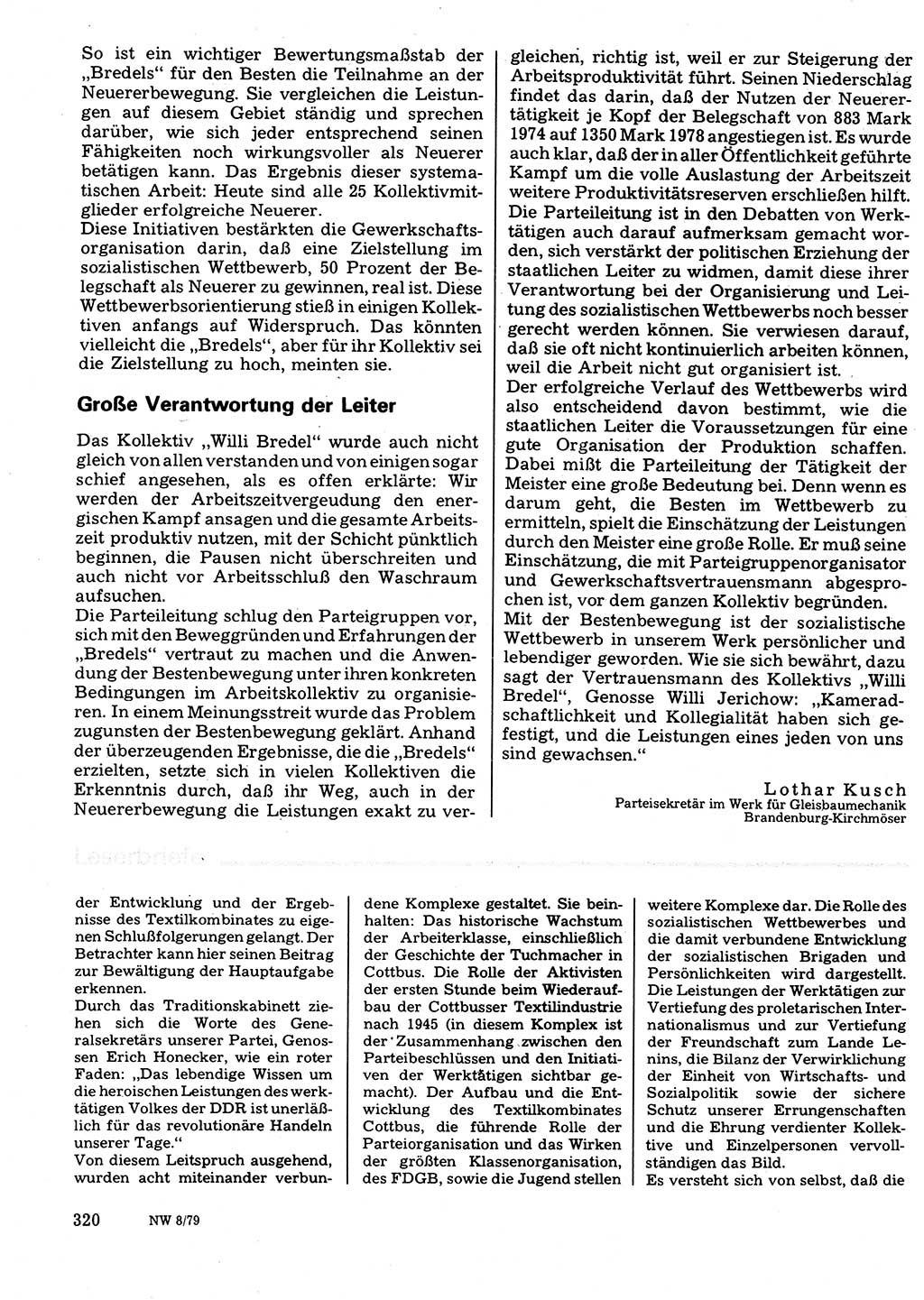 Neuer Weg (NW), Organ des Zentralkomitees (ZK) der SED (Sozialistische Einheitspartei Deutschlands) für Fragen des Parteilebens, 34. Jahrgang [Deutsche Demokratische Republik (DDR)] 1979, Seite 320 (NW ZK SED DDR 1979, S. 320)