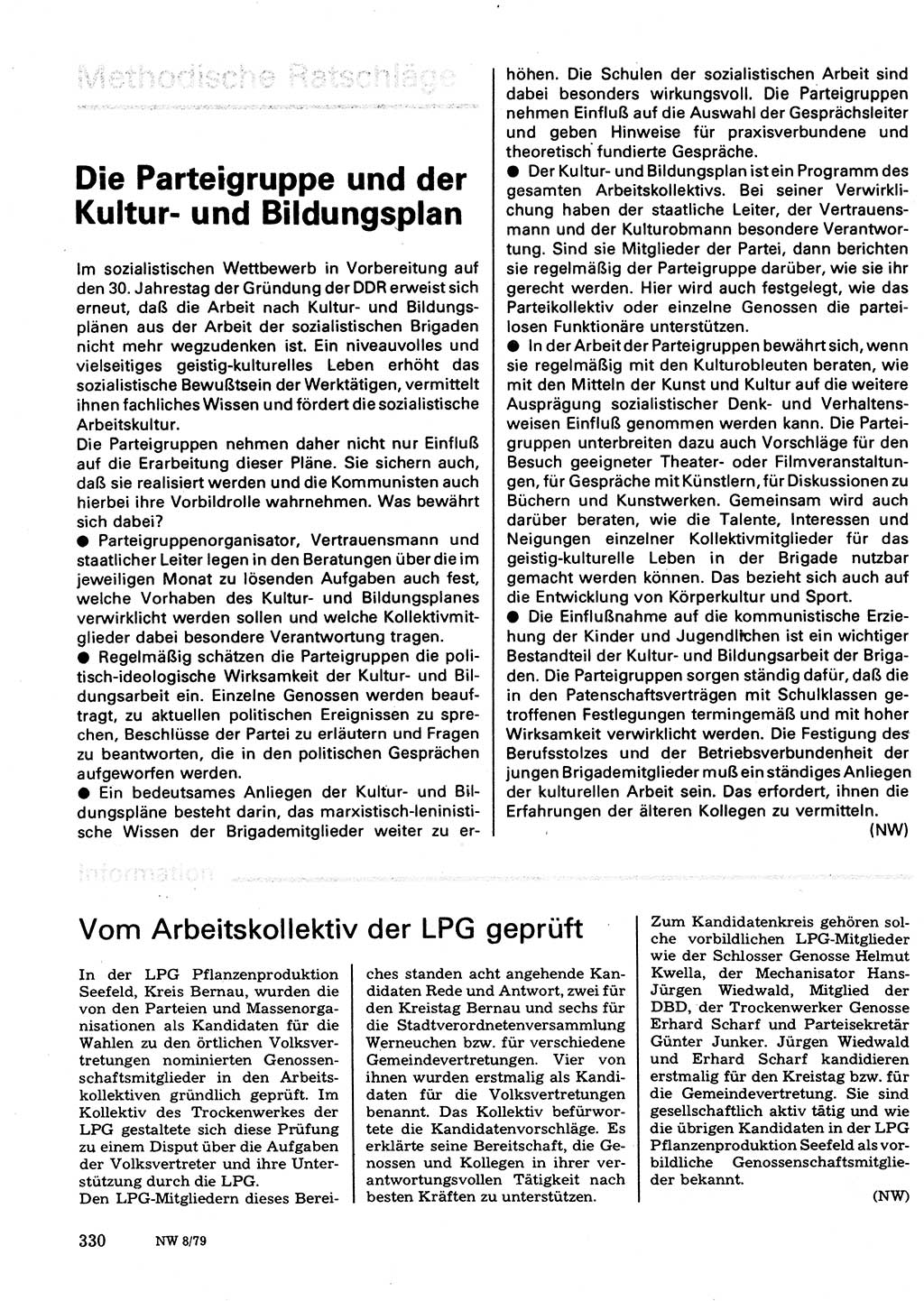 Neuer Weg (NW), Organ des Zentralkomitees (ZK) der SED (Sozialistische Einheitspartei Deutschlands) für Fragen des Parteilebens, 34. Jahrgang [Deutsche Demokratische Republik (DDR)] 1979, Seite 330 (NW ZK SED DDR 1979, S. 330)
