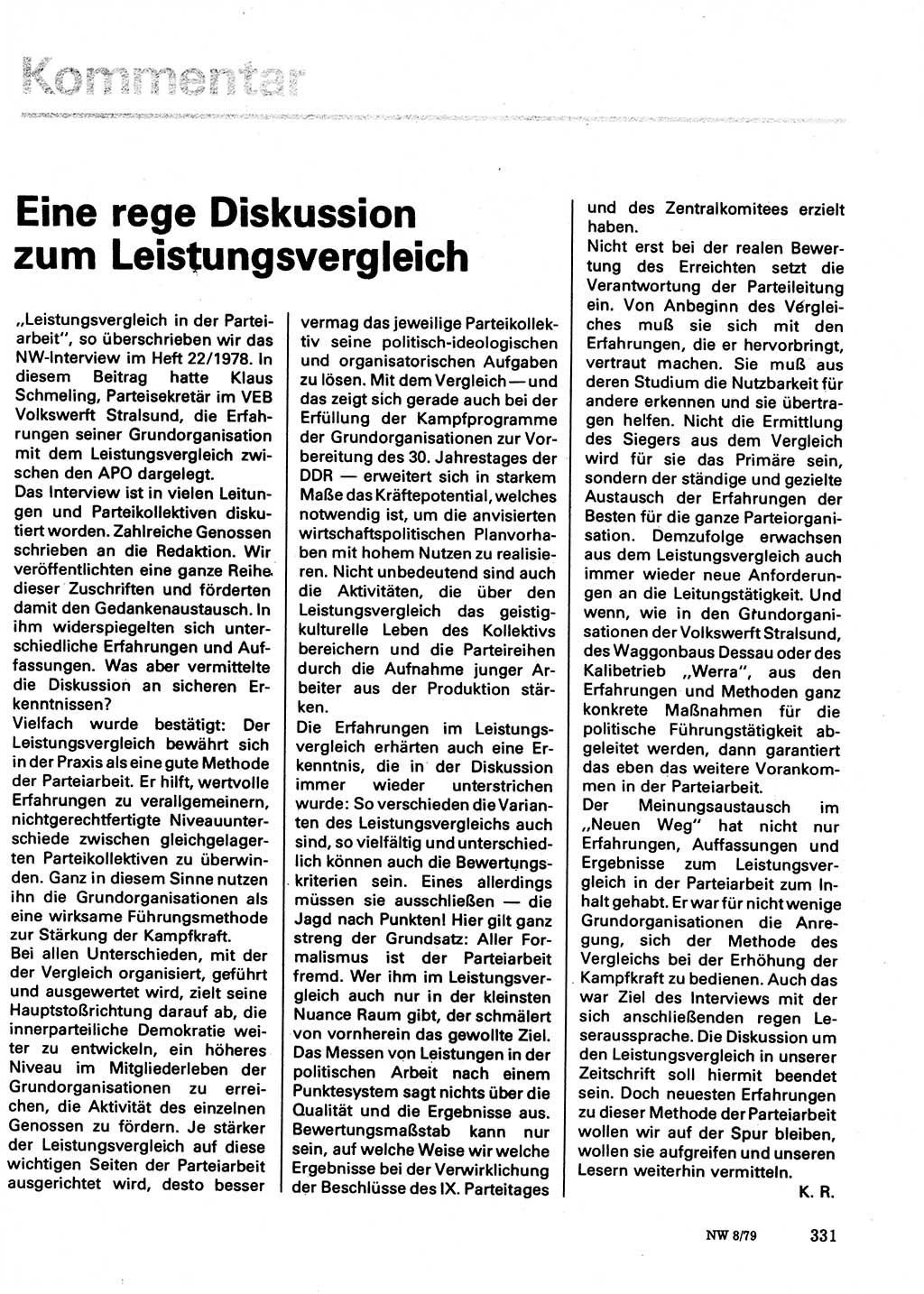 Neuer Weg (NW), Organ des Zentralkomitees (ZK) der SED (Sozialistische Einheitspartei Deutschlands) für Fragen des Parteilebens, 34. Jahrgang [Deutsche Demokratische Republik (DDR)] 1979, Seite 331 (NW ZK SED DDR 1979, S. 331)