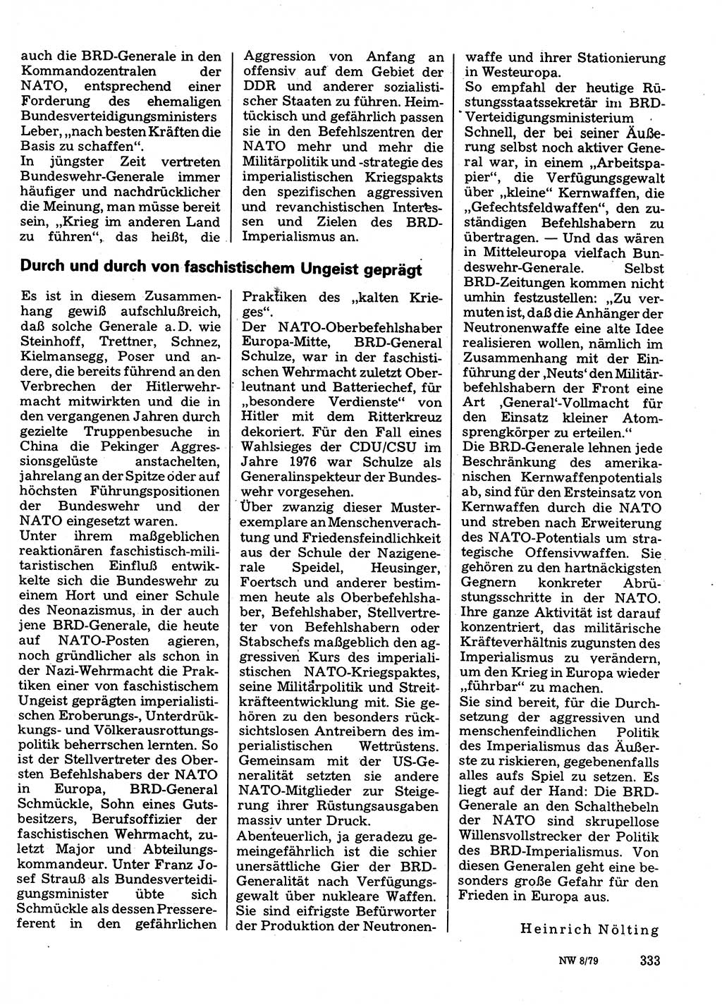 Neuer Weg (NW), Organ des Zentralkomitees (ZK) der SED (Sozialistische Einheitspartei Deutschlands) für Fragen des Parteilebens, 34. Jahrgang [Deutsche Demokratische Republik (DDR)] 1979, Seite 333 (NW ZK SED DDR 1979, S. 333)