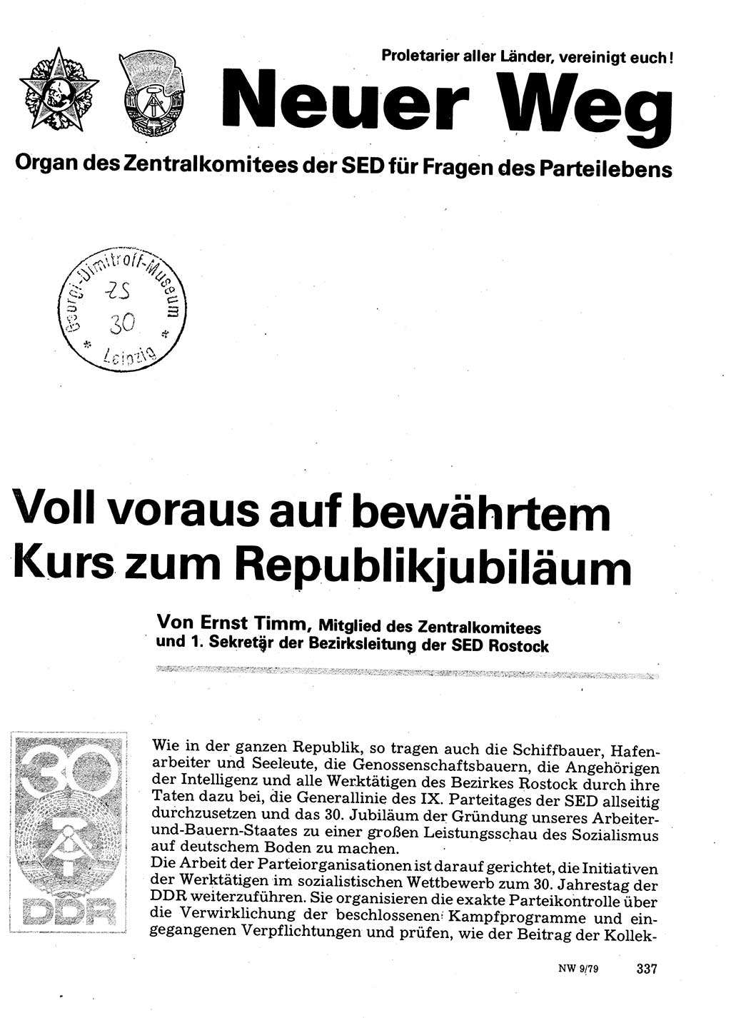Neuer Weg (NW), Organ des Zentralkomitees (ZK) der SED (Sozialistische Einheitspartei Deutschlands) für Fragen des Parteilebens, 34. Jahrgang [Deutsche Demokratische Republik (DDR)] 1979, Seite 337 (NW ZK SED DDR 1979, S. 337)