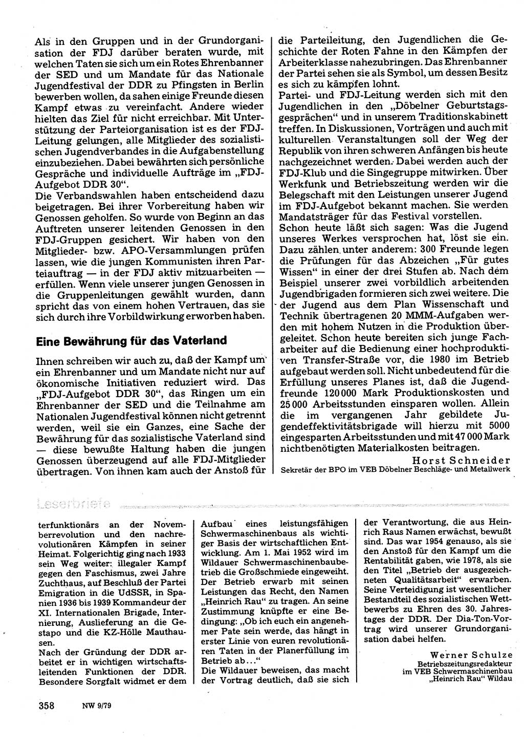 Neuer Weg (NW), Organ des Zentralkomitees (ZK) der SED (Sozialistische Einheitspartei Deutschlands) für Fragen des Parteilebens, 34. Jahrgang [Deutsche Demokratische Republik (DDR)] 1979, Seite 358 (NW ZK SED DDR 1979, S. 358)