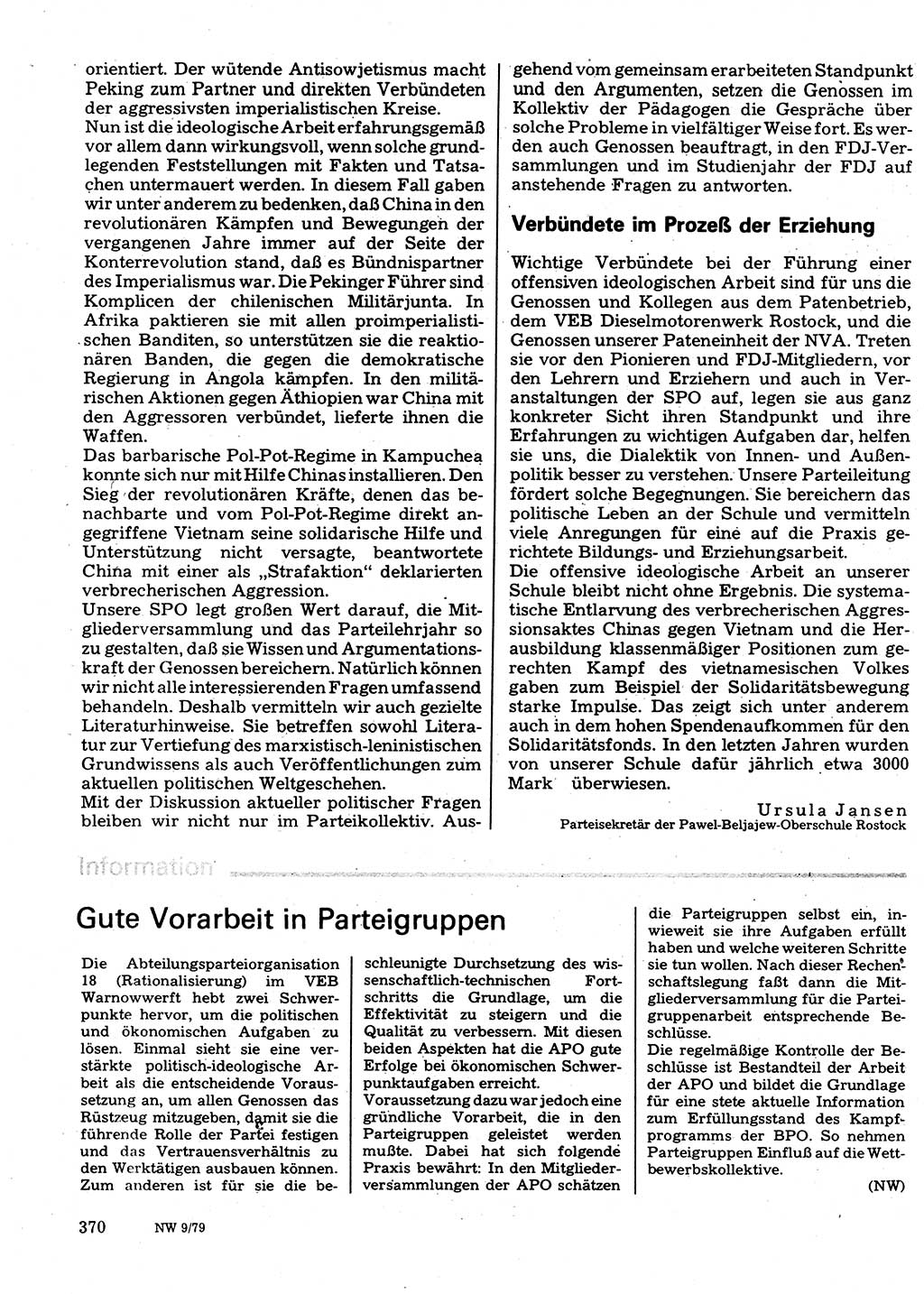 Neuer Weg (NW), Organ des Zentralkomitees (ZK) der SED (Sozialistische Einheitspartei Deutschlands) für Fragen des Parteilebens, 34. Jahrgang [Deutsche Demokratische Republik (DDR)] 1979, Seite 370 (NW ZK SED DDR 1979, S. 370)