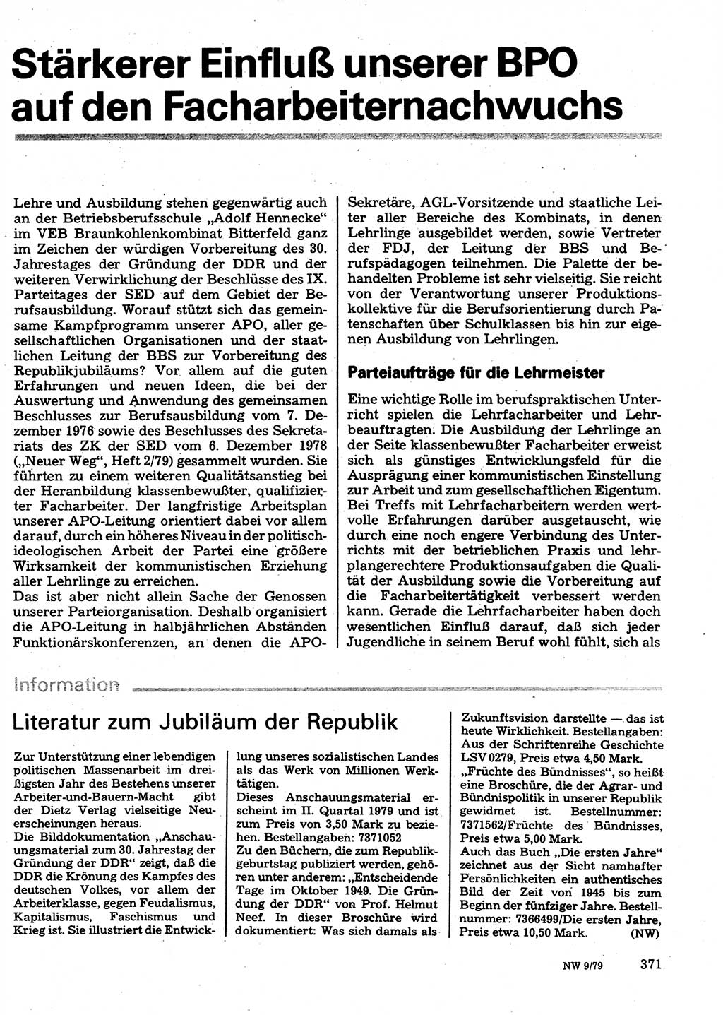 Neuer Weg (NW), Organ des Zentralkomitees (ZK) der SED (Sozialistische Einheitspartei Deutschlands) für Fragen des Parteilebens, 34. Jahrgang [Deutsche Demokratische Republik (DDR)] 1979, Seite 371 (NW ZK SED DDR 1979, S. 371)