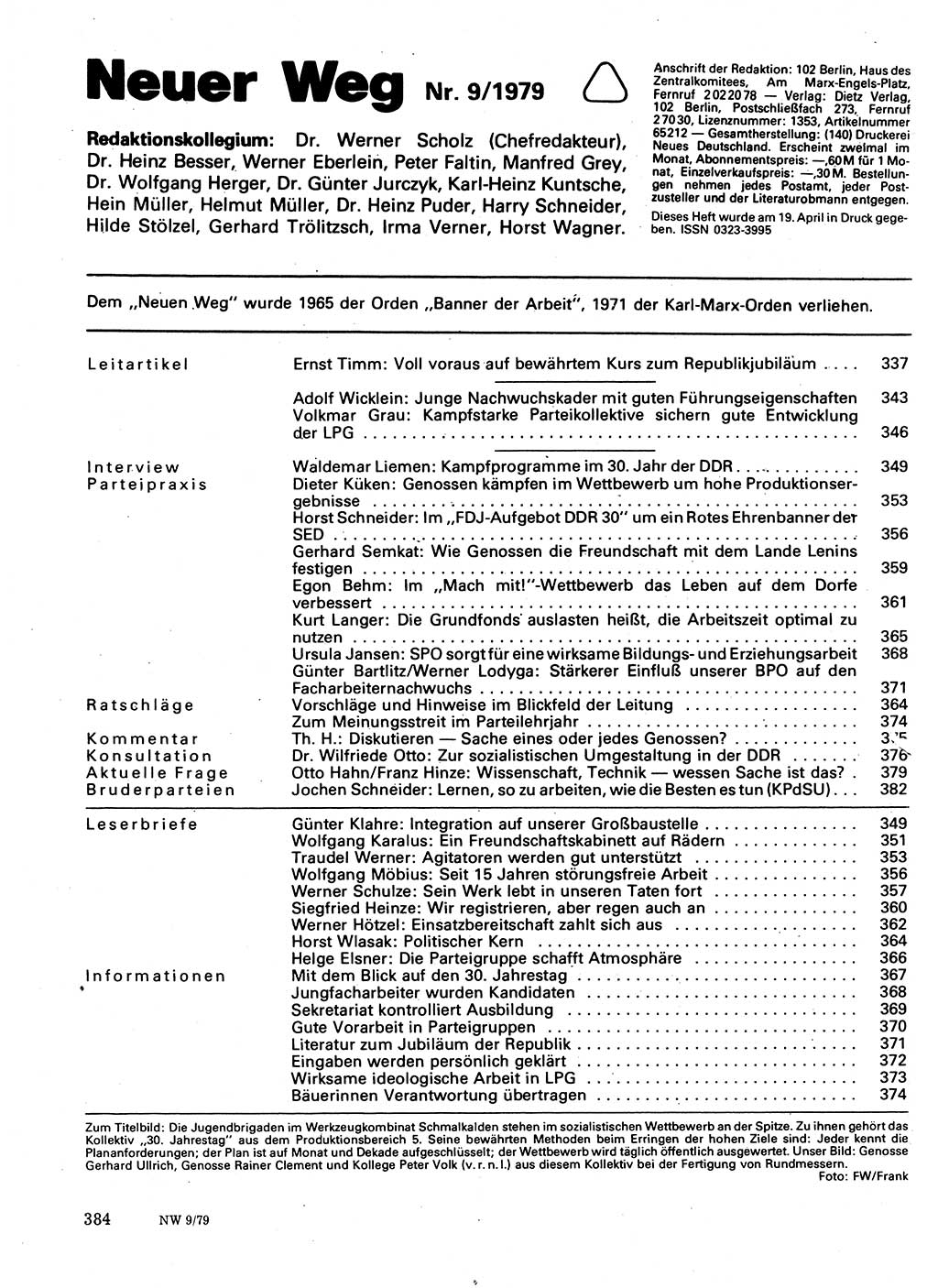 Neuer Weg (NW), Organ des Zentralkomitees (ZK) der SED (Sozialistische Einheitspartei Deutschlands) für Fragen des Parteilebens, 34. Jahrgang [Deutsche Demokratische Republik (DDR)] 1979, Seite 384 (NW ZK SED DDR 1979, S. 384)
